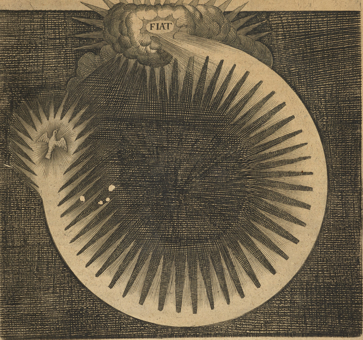 Utriusque Cosmi, the Primordial Plate on Page 46 by Robert Fludd — A ring of black rays around a dark core, a dove and the word FIAT