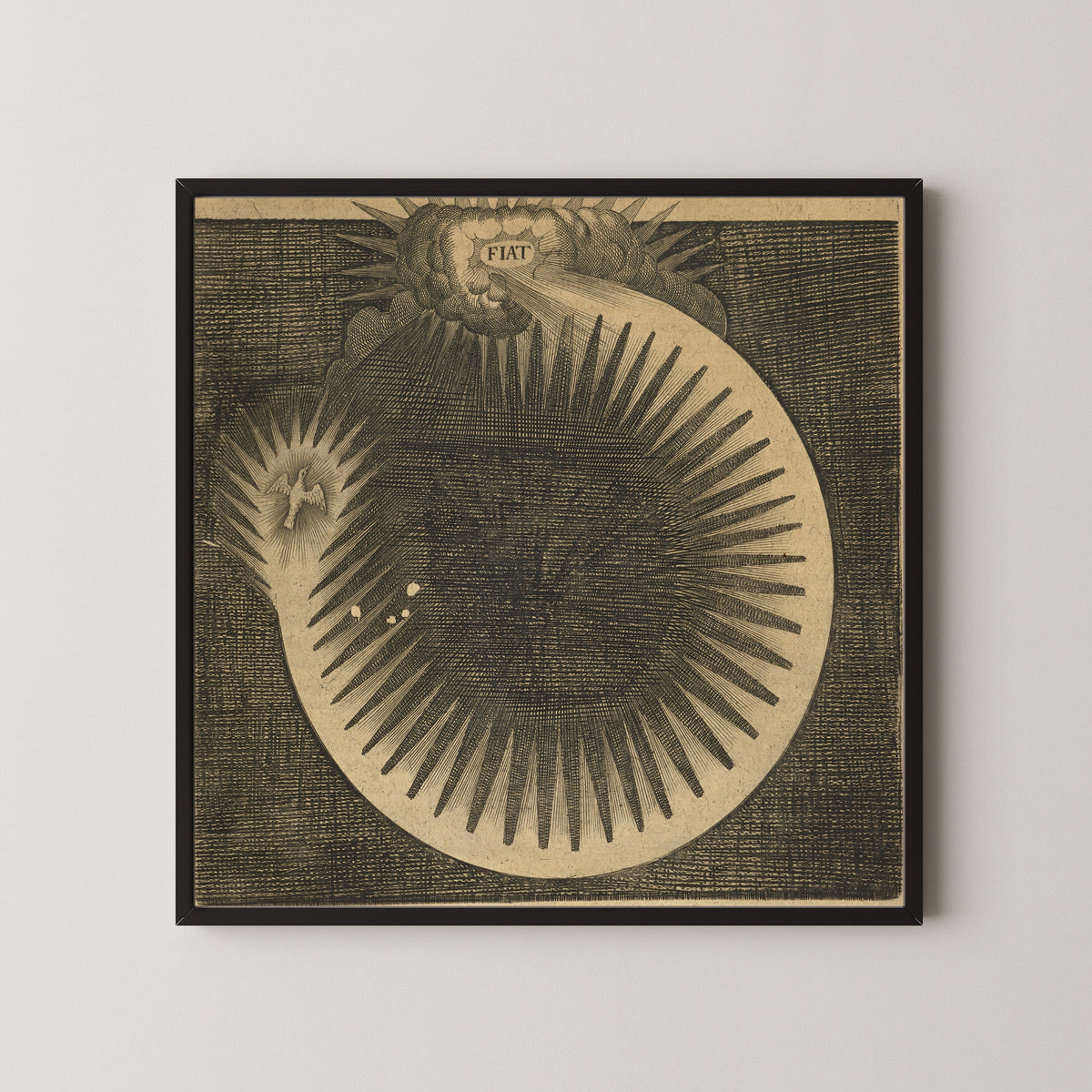 Framed art print of Utriusque Cosmi, the Primordial Plate on Page 46 by Robert Fludd, in a black frame on a pale wall