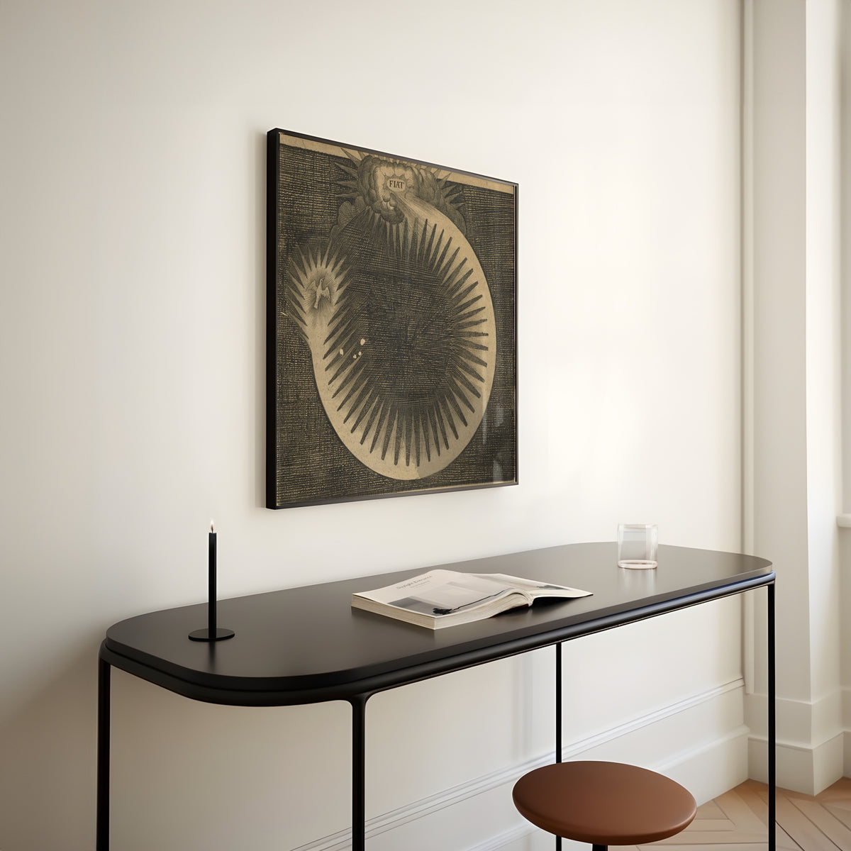 Framed art print of Utriusque Cosmi, the Primordial Plate on Page 46 by Robert Fludd, above a slim black console table