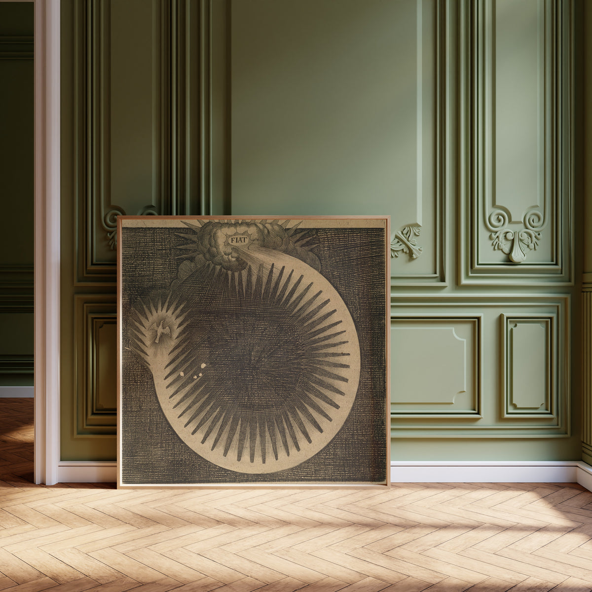 Framed art print of Utriusque Cosmi, the Primordial Plate on Page 46 by Robert Fludd, leaning against olive-green panelling on a herringbone floor