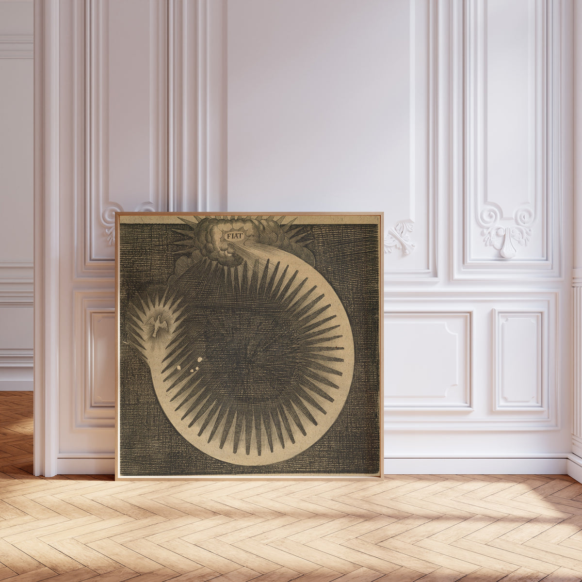 Framed art print of Utriusque Cosmi, the Primordial Plate on Page 46 by Robert Fludd, leaning against pale pink panelling on a herringbone floor