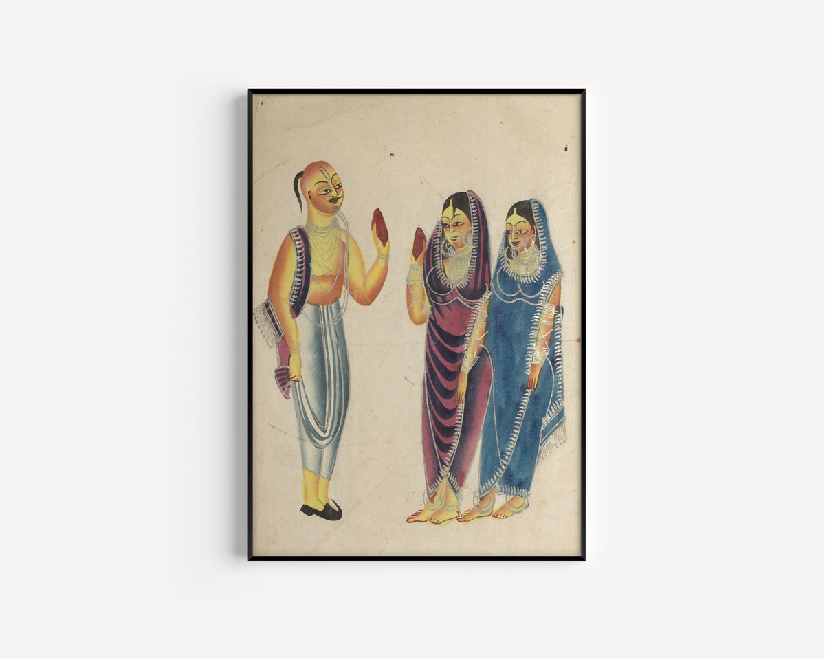Framed art print of Vaishnava Devotee with Two Women by Kalighat painter, in a slim black frame on a plain white wall