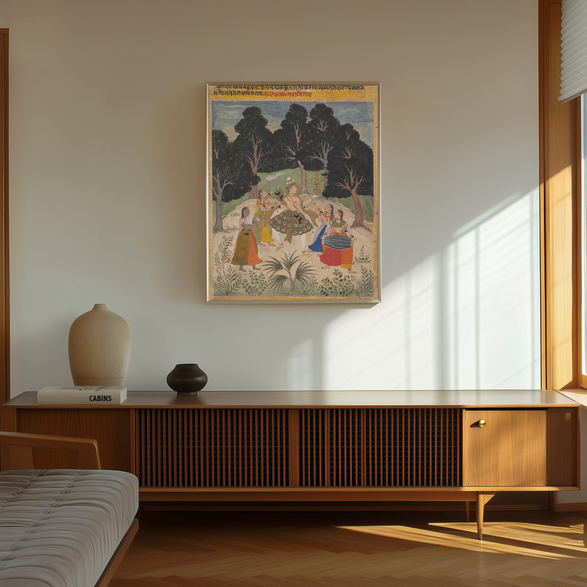 Framed art print of Vasant Ragini, Page from a Ragamala Series (Garland of… by Amber school, in a thin light frame on a sunlit wall above a wooden sideboard