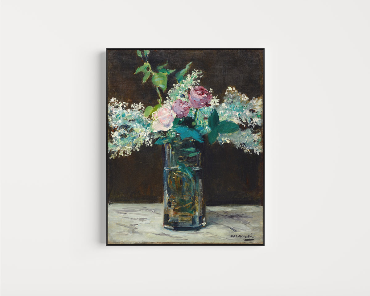 Framed art print of Vase of White Lilacs and Roses by Édouard Manet, in a slim black frame on a plain white wall