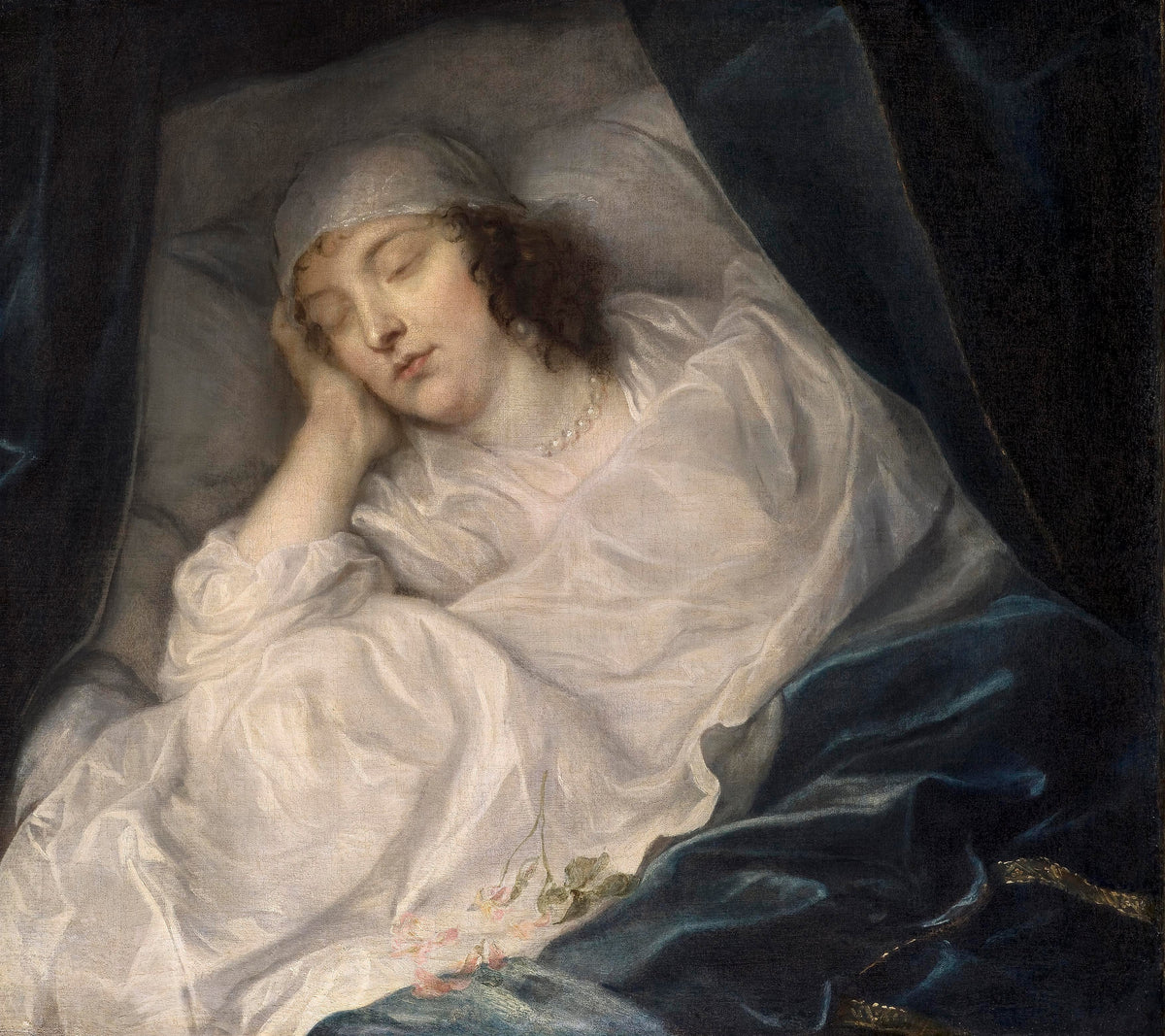 Venetia, Lady Digby, on Her Deathbed by Anthony van Dyck — A woman with closed eyes rests her head on her hand amid white linen
