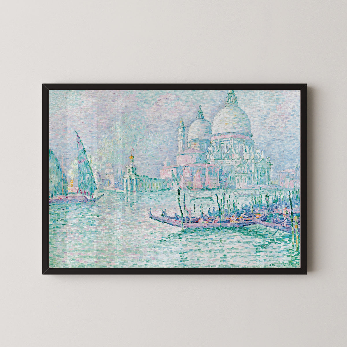 Framed art print of Venice, La Salute, Green by Paul Signac, in a black frame on a pale wall