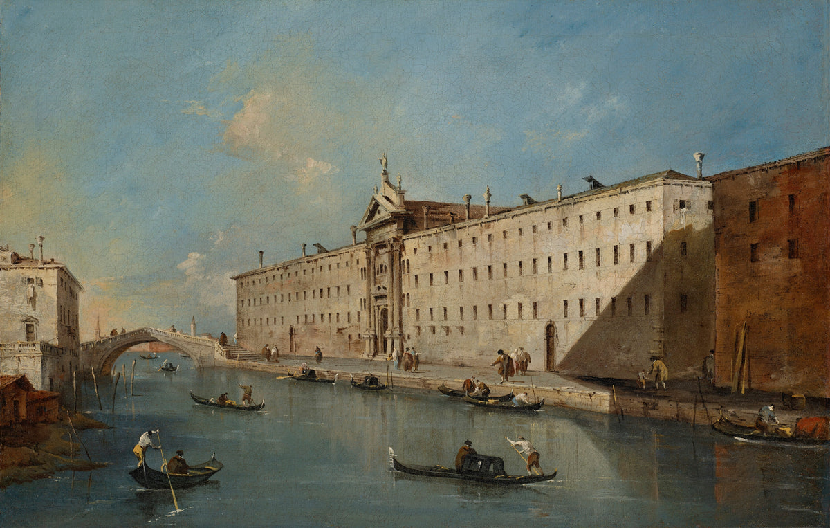Venice, the Rio dei Mendicanti Looking North with the Church of San Lazzaro dei Mendicanti by Francesco Guardi — A pale hospital front and gondolas along a