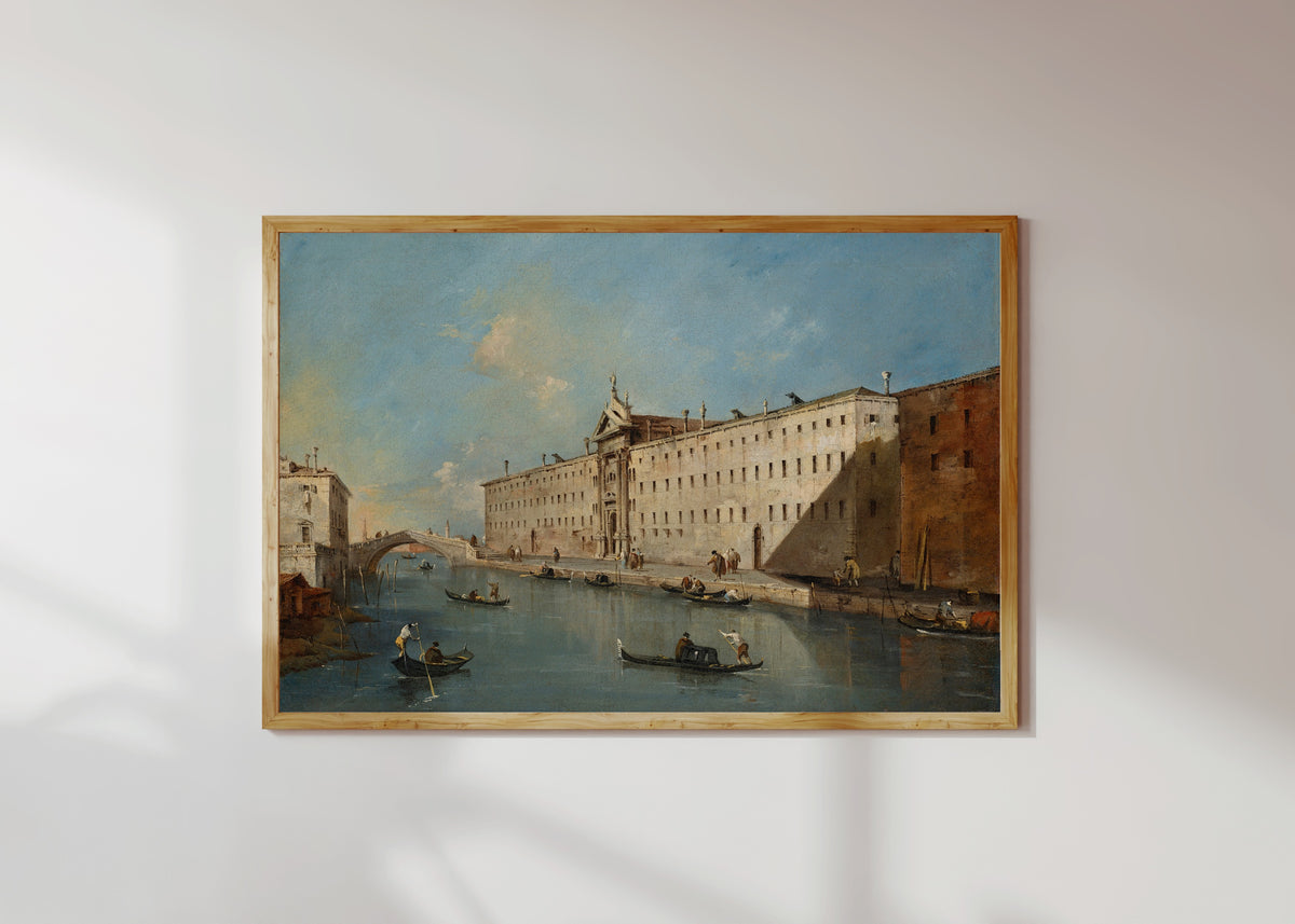 Framed art print of Venice, the Rio dei Mendicanti Looking North with the Church of San… by Francesco Guardi, in a light wood frame on a sunlit white wall