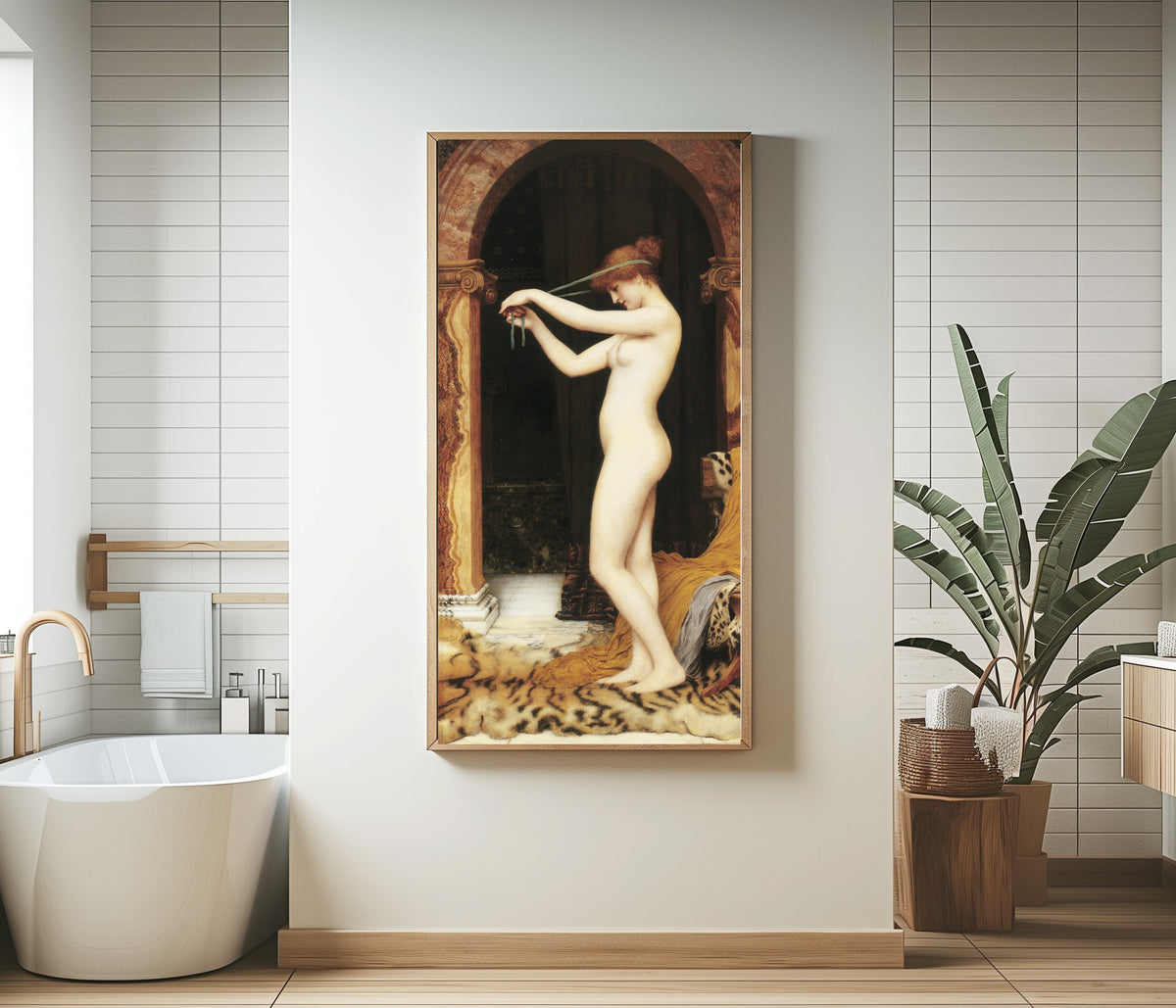 Framed art print of Venus Binding Her Hair by John William Godward, in a bathroom beside a freestanding tub