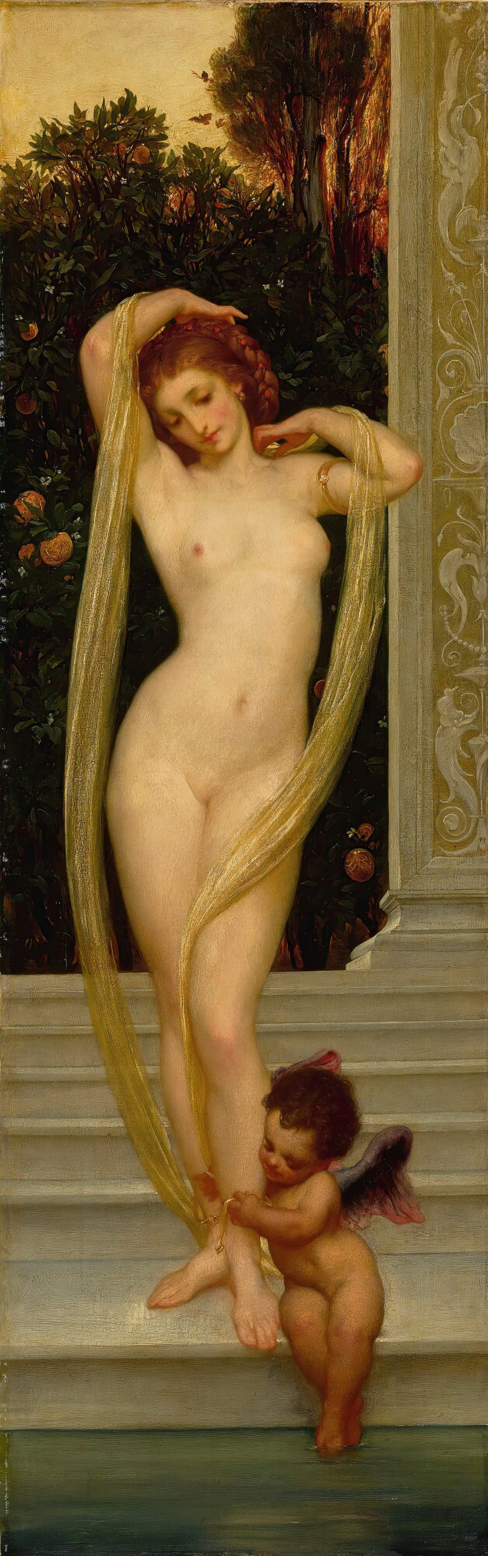 Venus and Cupid by Frederic Leighton — Venus stands on marble steps as Cupid tugs at her ankle