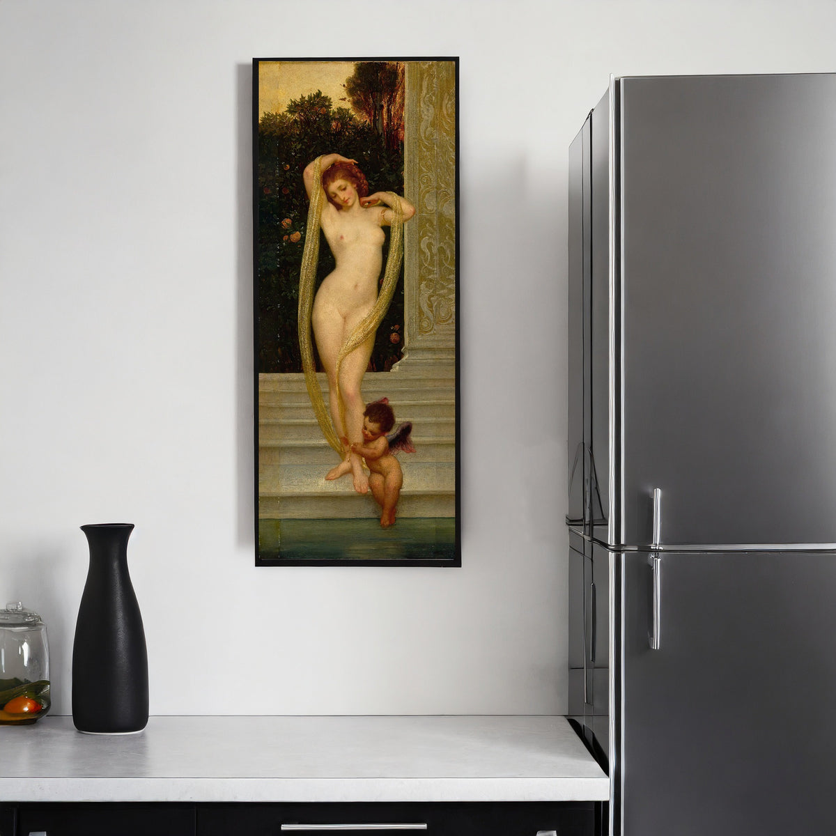 Framed art print of Venus and Cupid by Frederic Leighton, on a kitchen wall
