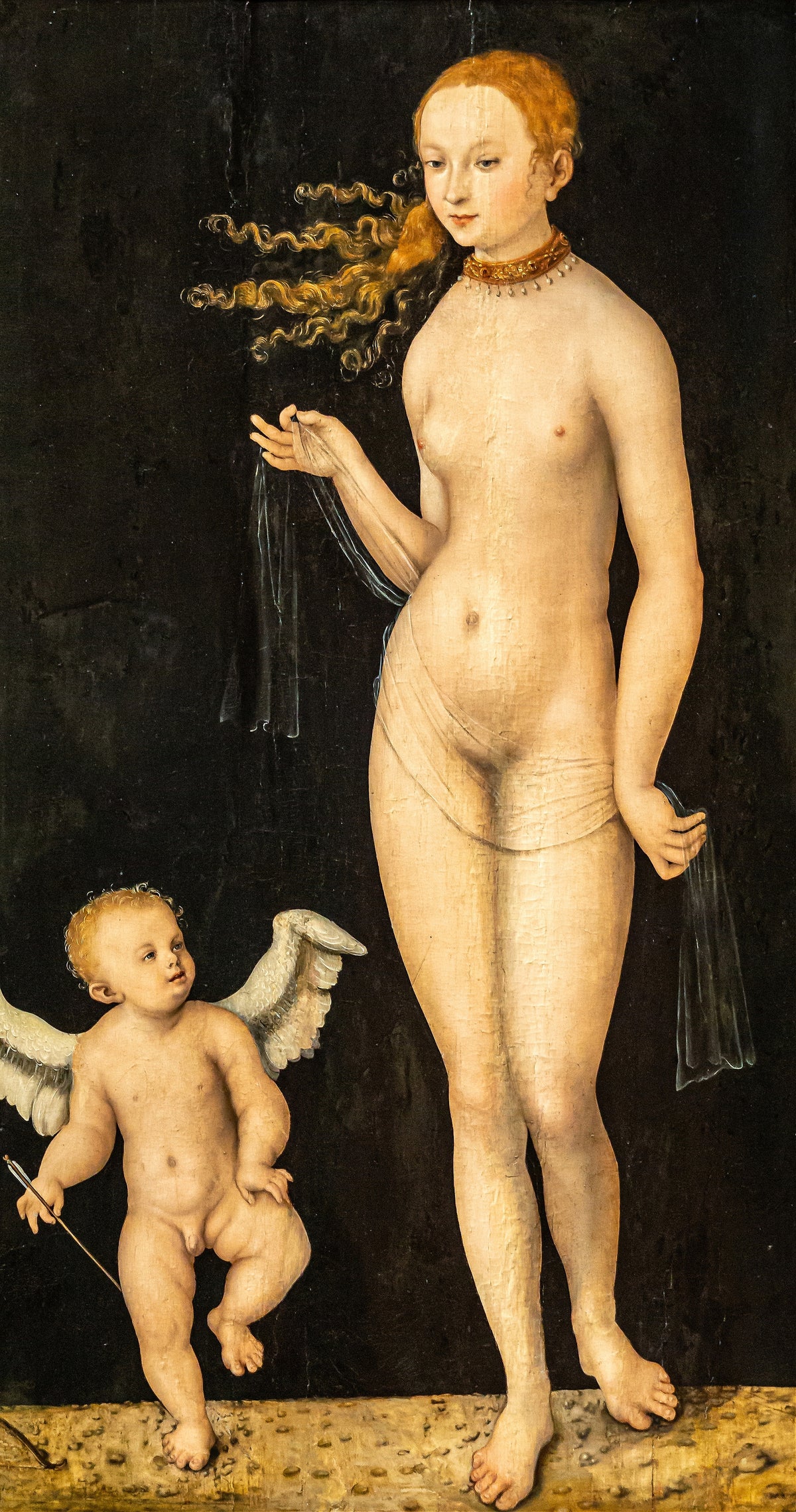 Venus and Cupid by Lucas Cranach the Elder — A woman with windblown red-gold hair and a winged child with an arrow
