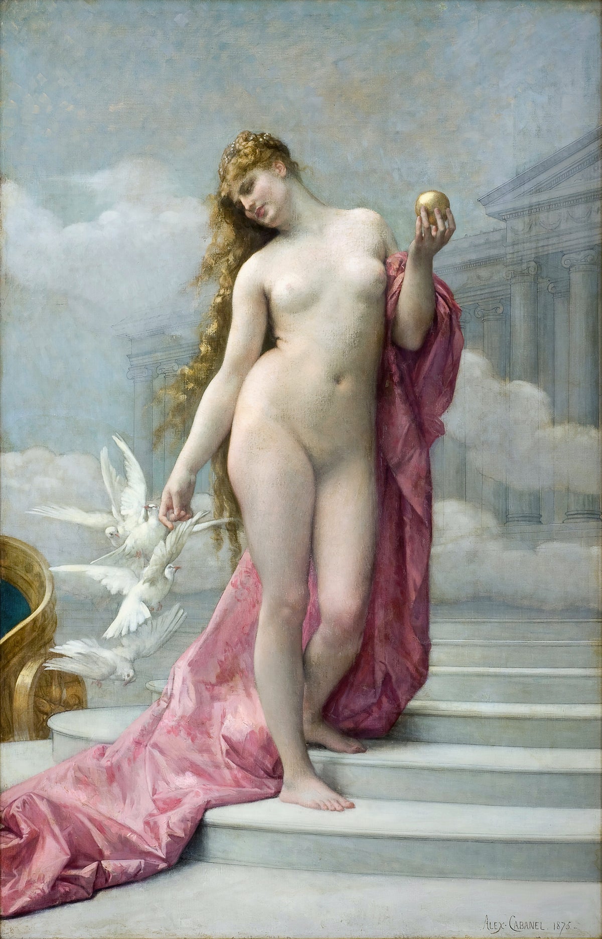 Venus by Alexandre Cabanel — Venus holds a golden apple on cloud-borne steps beside white doves