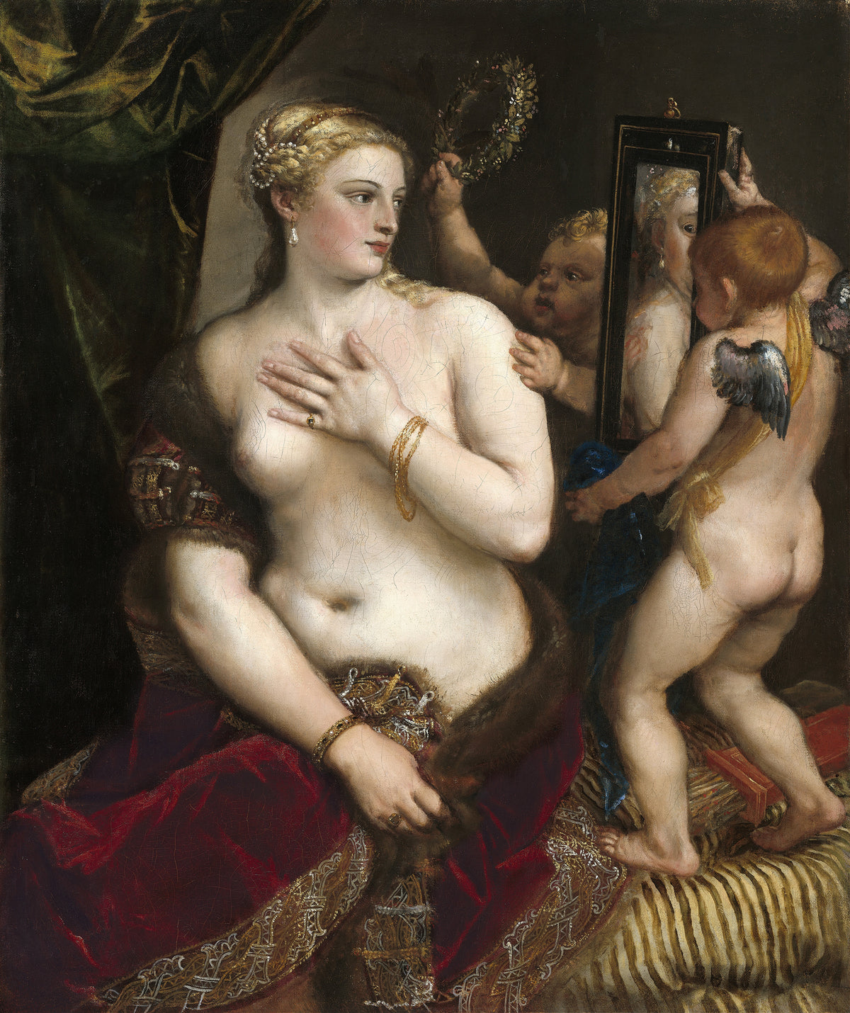 Venus with a Mirror by Titian — Venus glances aside as two putti hold up a mirror and a wreath