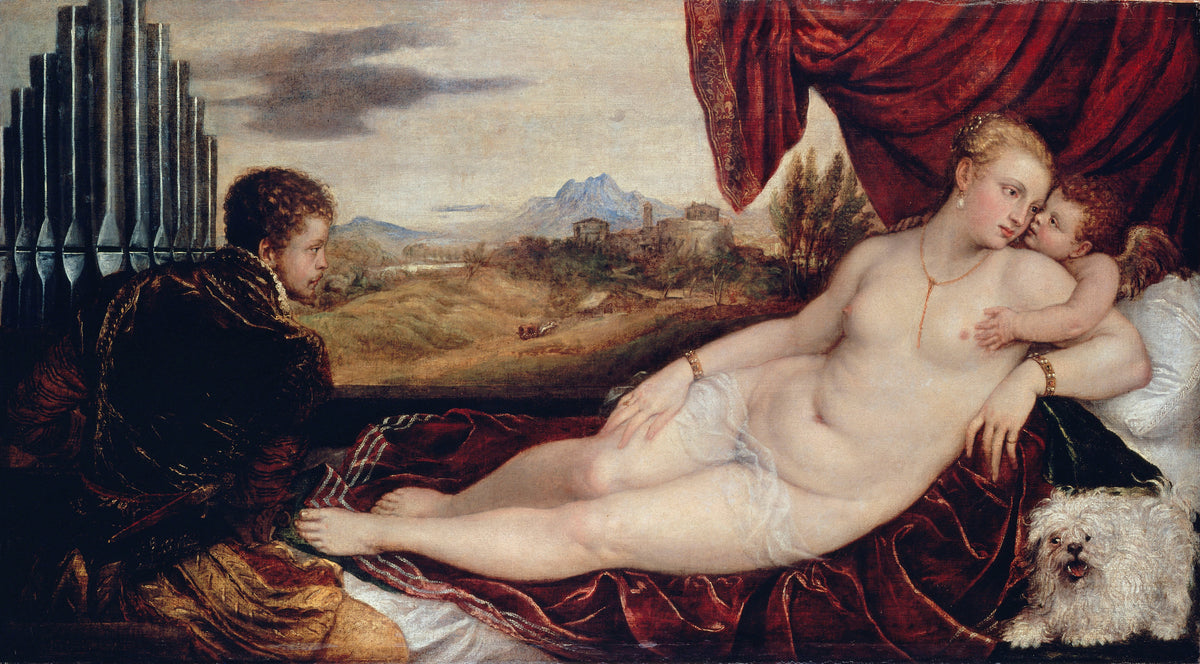 Venus with the Organ Player by Titian — A woman reclines on red velvet as an organist turns to watch
