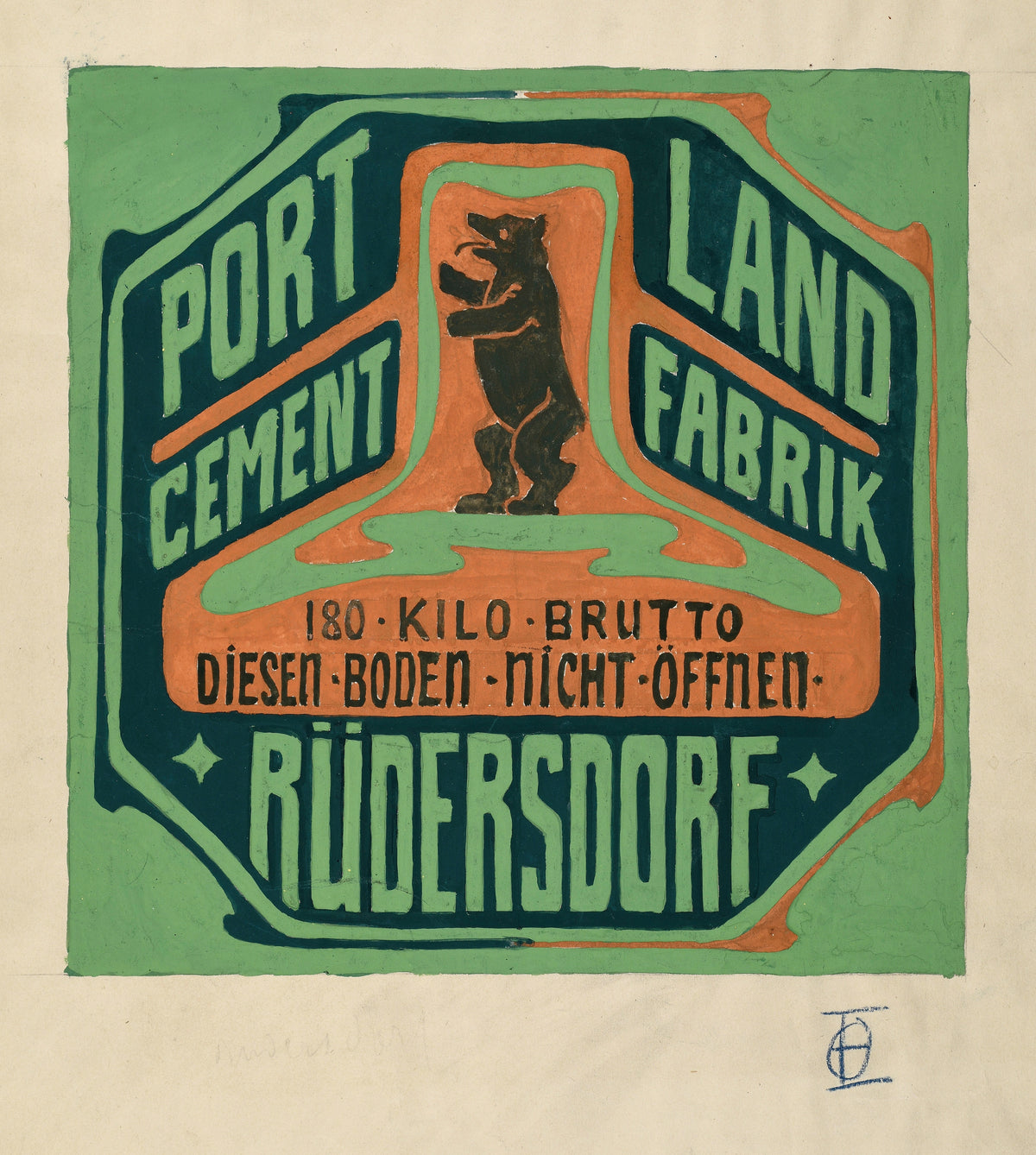 Verpackungsaufkleber Portland-Cementfabrik Rüdersdorf by Otto Eckmann — A black bear stands in a green and orange label design