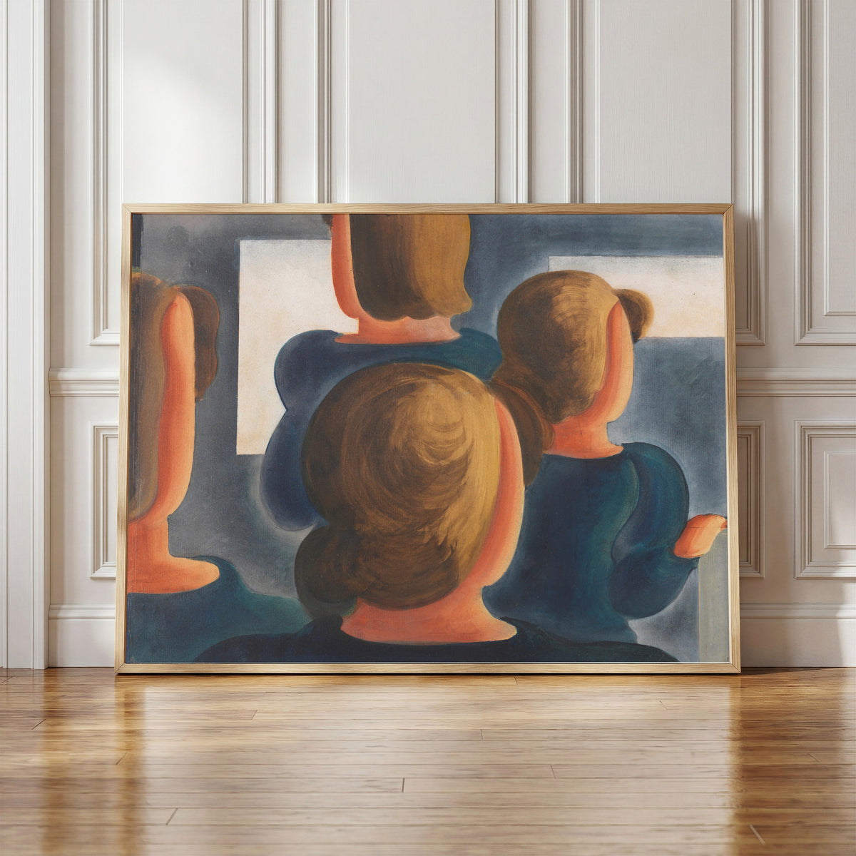 Framed art print of Vierergruppe mit Grau by Oskar Schlemmer, in a light wood frame leaning against a panelled white wall
