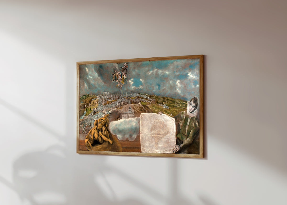Framed art print of View and Plan of Toledo by El Greco, in a light wood frame on a sunlit white wall, seen at a slight angle