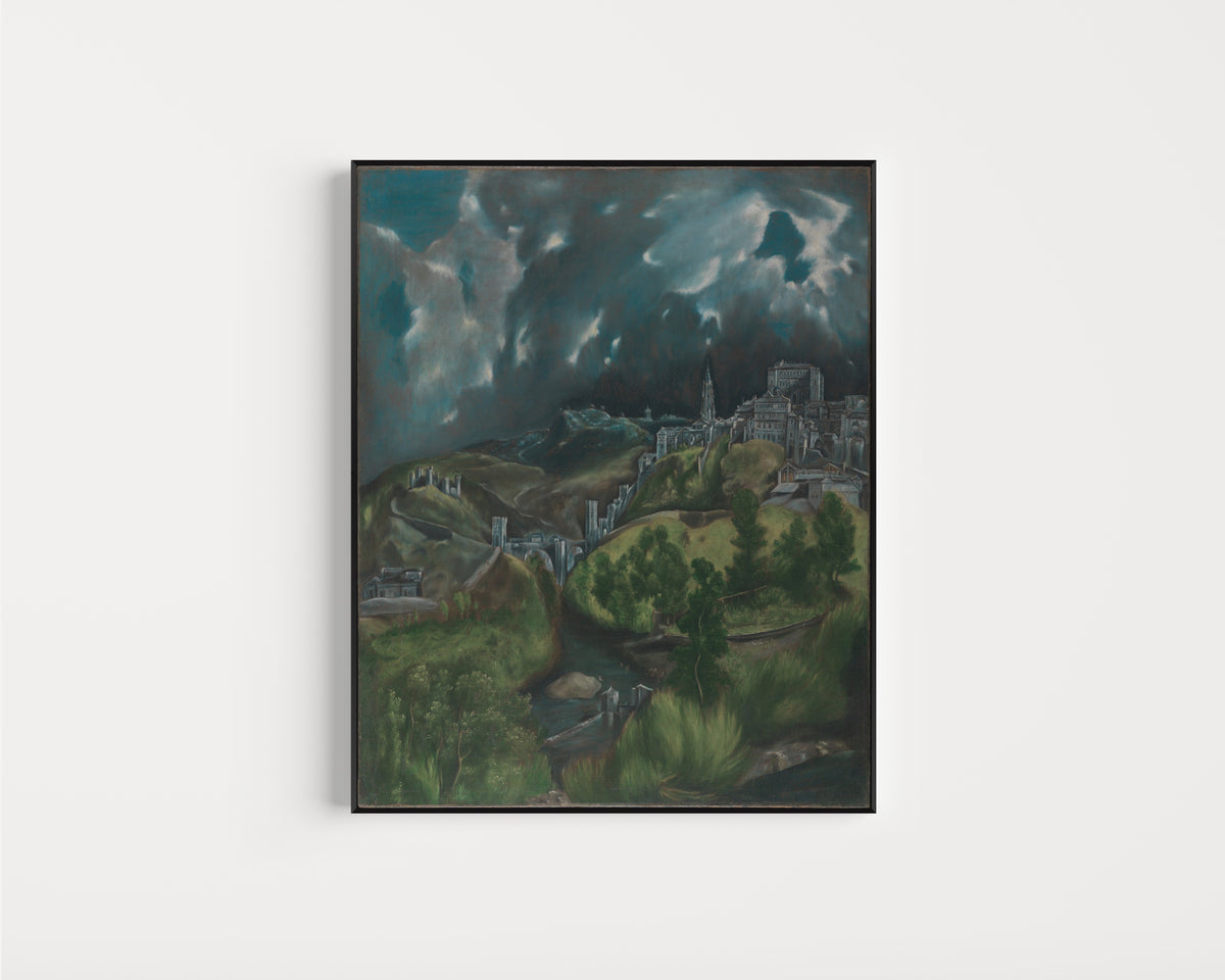 Framed art print of View of Toledo by El Greco, in a slim black frame on a plain white wall