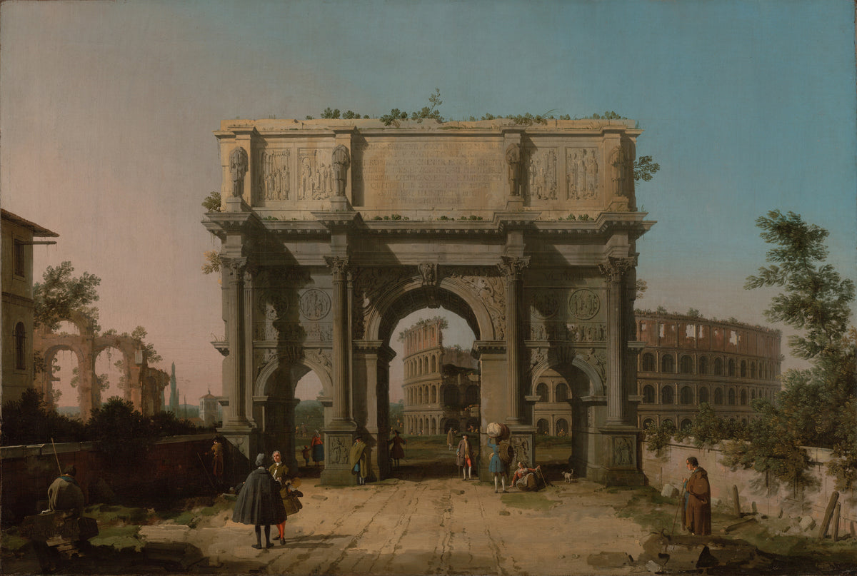 View of the Arch of Constantine with the Colosseum by Canaletto — A Roman triumphal arch framing a glimpse of the Colosseum