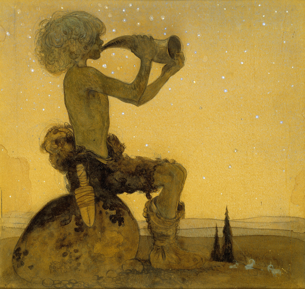 Vill Vallareman (a Fairy Shepherd) by John Bauer — A shepherd blows a horn beneath a starry yellow sky