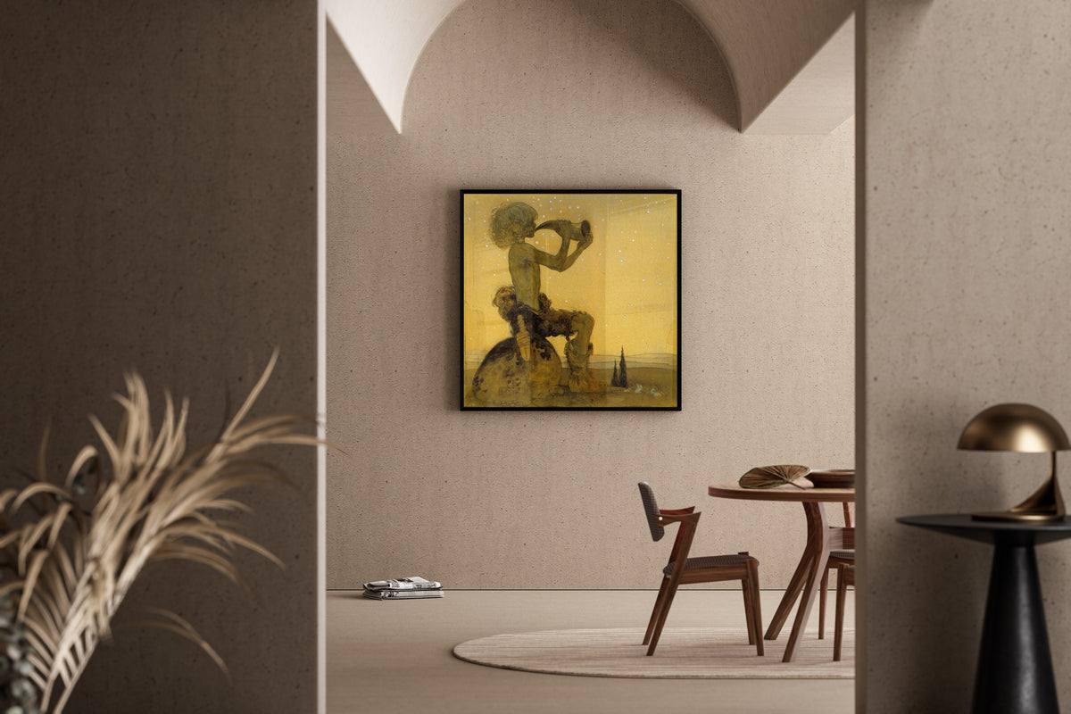 Framed art print of Vill Vallareman (a Fairy Shepherd) by John Bauer, in a sunlit dining corner