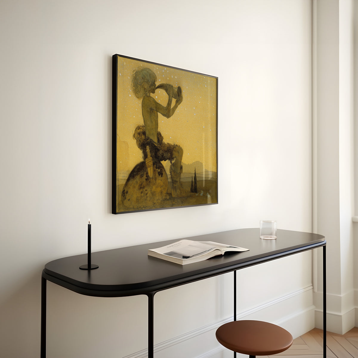 Framed art print of Vill Vallareman (a Fairy Shepherd) by John Bauer, above a slim black console table
