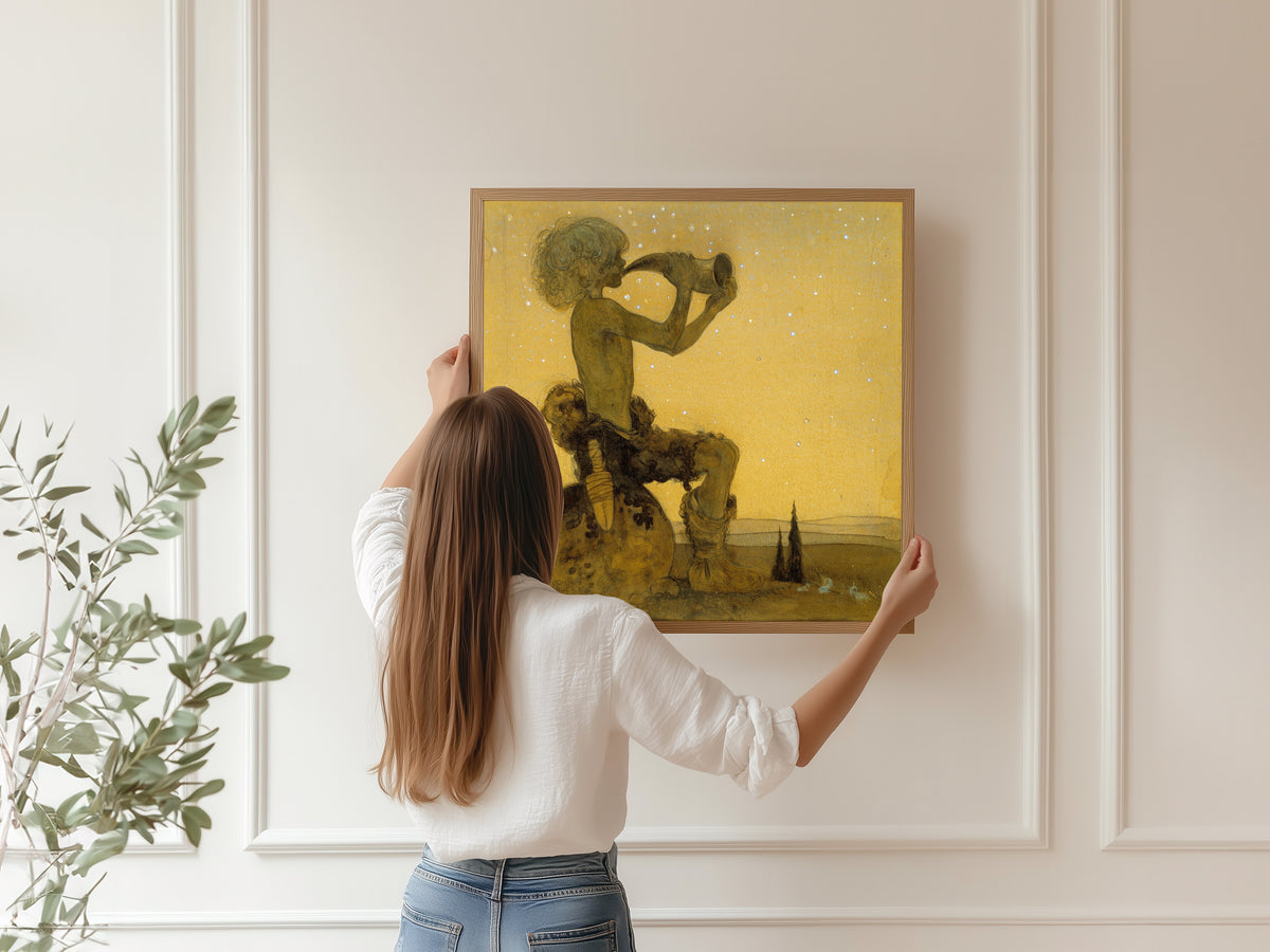 Framed art print of Vill Vallareman (a Fairy Shepherd) by John Bauer, hung on a panelled wall