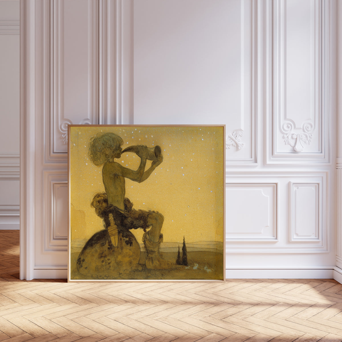 Framed art print of Vill Vallareman (a Fairy Shepherd) by John Bauer, leaning against pale pink panelling on a herringbone floor