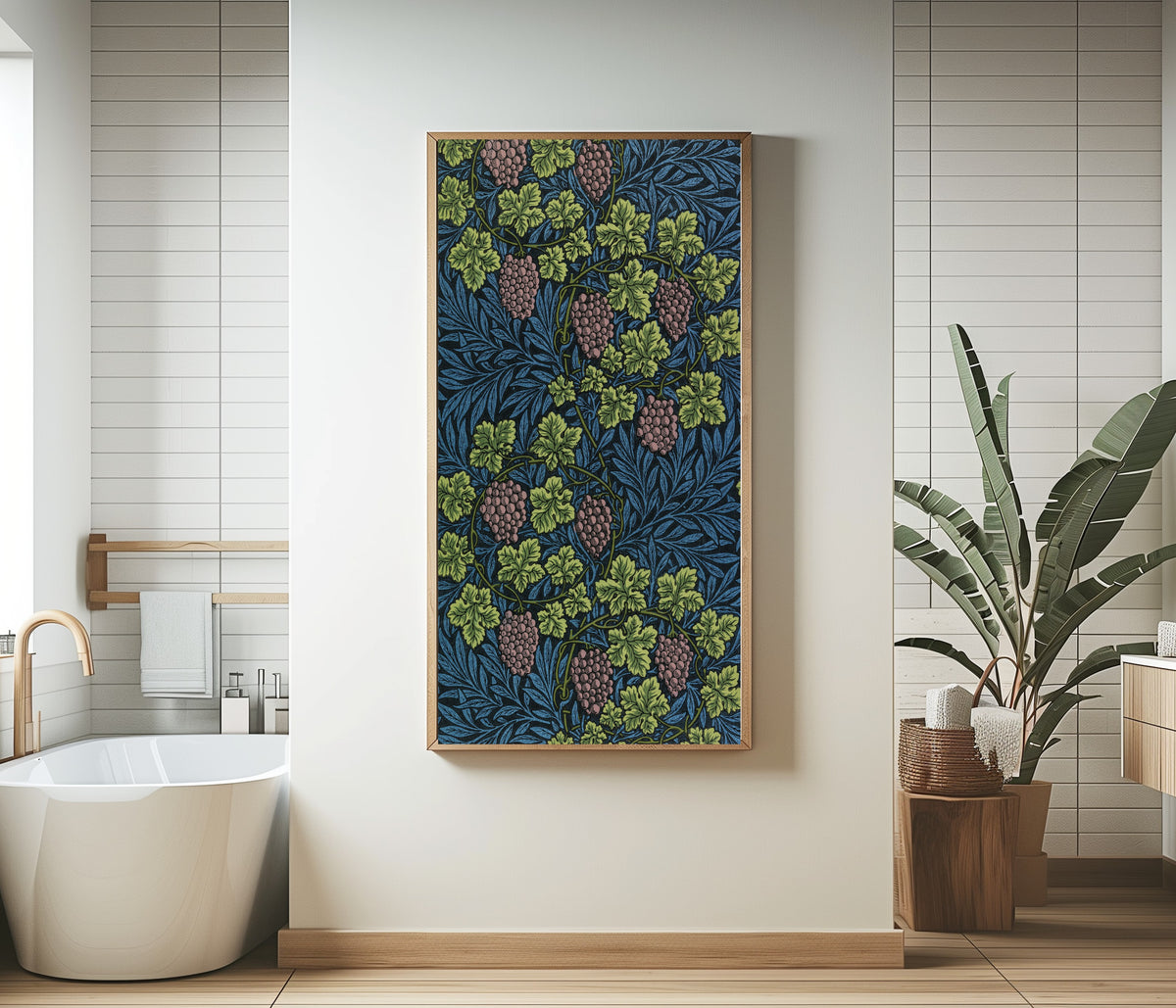 Framed art print of Vine (Blue) by William Morris, in a bathroom beside a freestanding tub