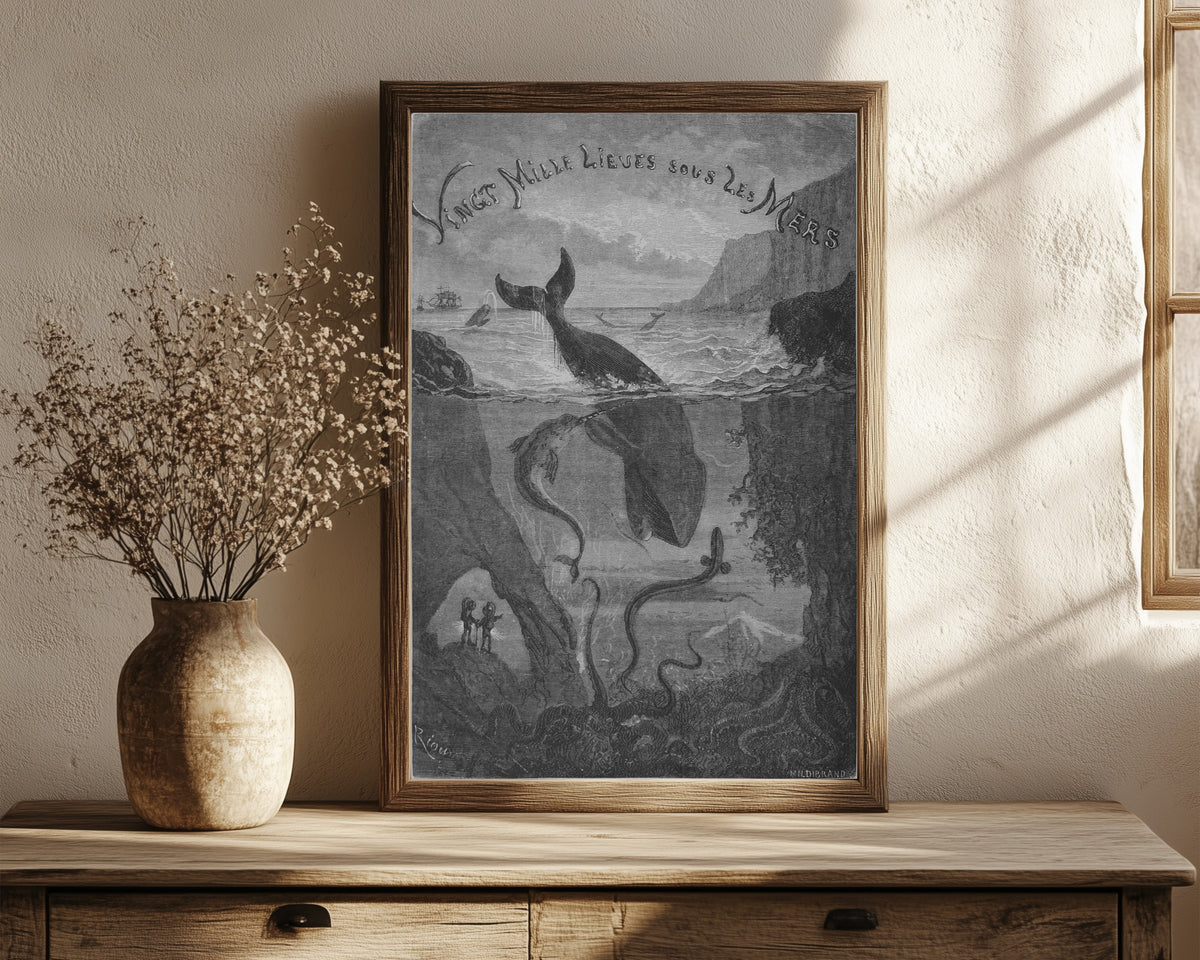 Framed art print of Vingt mille lieues sous les mers: title vignette… by Édouard Riou, in a dark wood frame leaning on a rustic console beside dried flowers