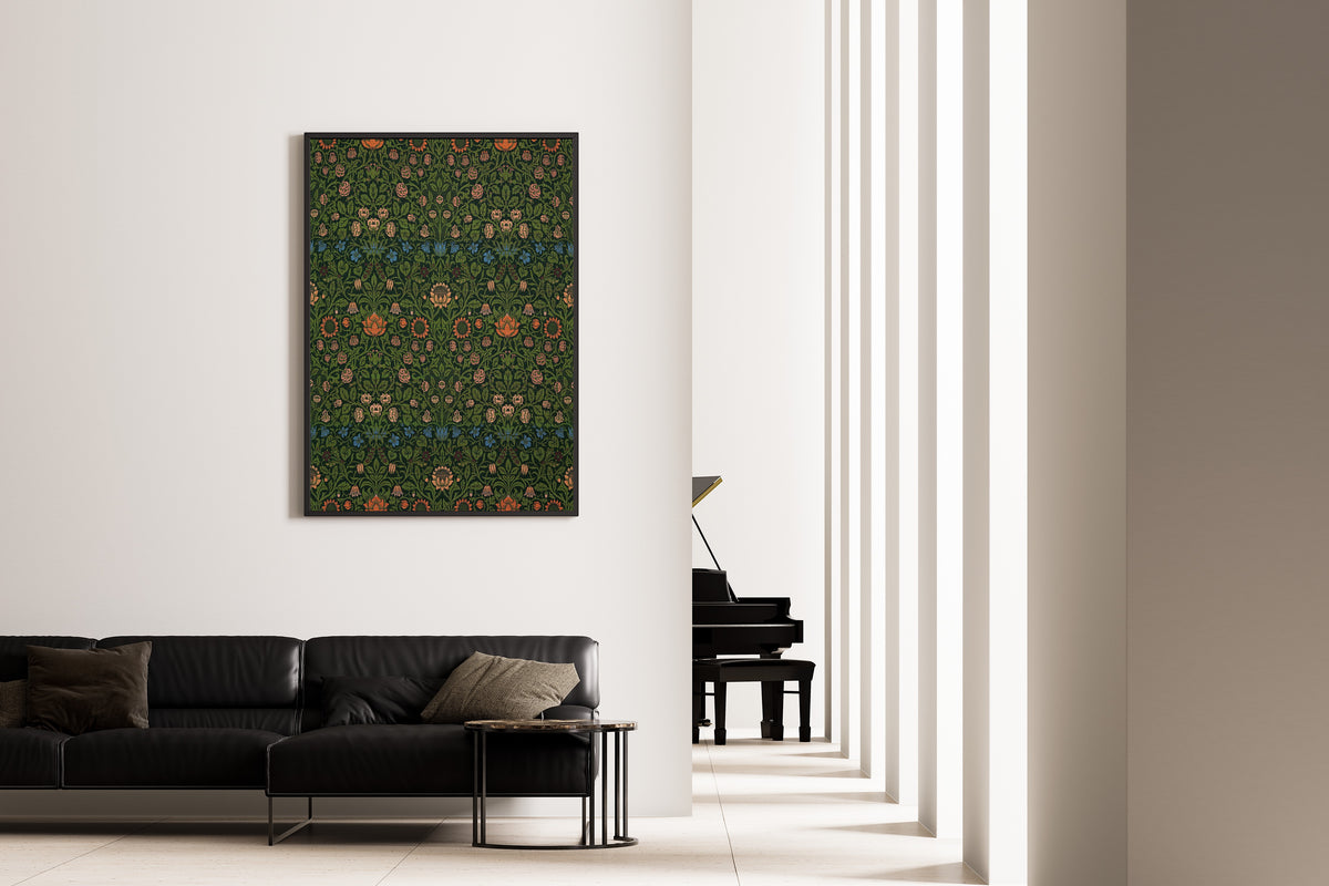 Framed art print of Violet and Columbine by William Morris, on the wall of a minimal living room