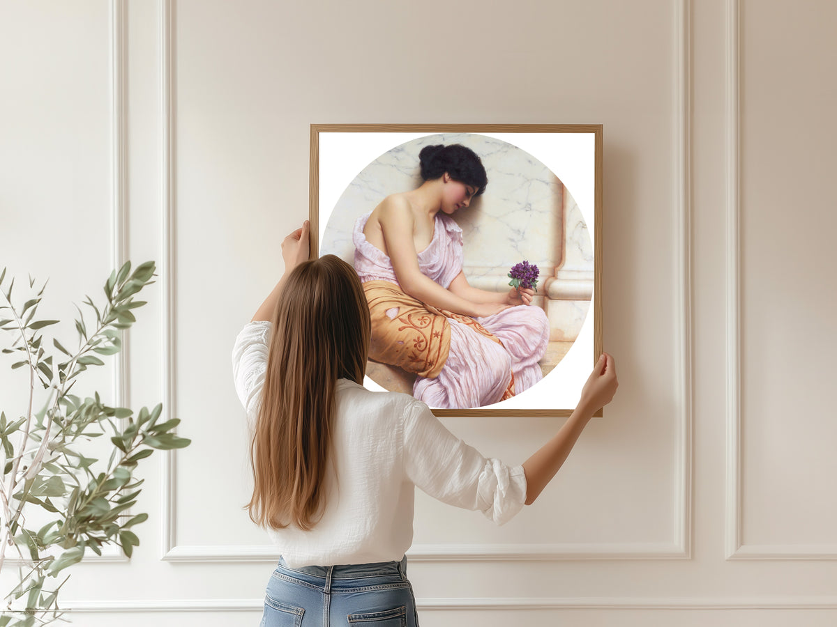 Framed art print of Violets, Sweet Violets by John William Godward, hung on a panelled wall