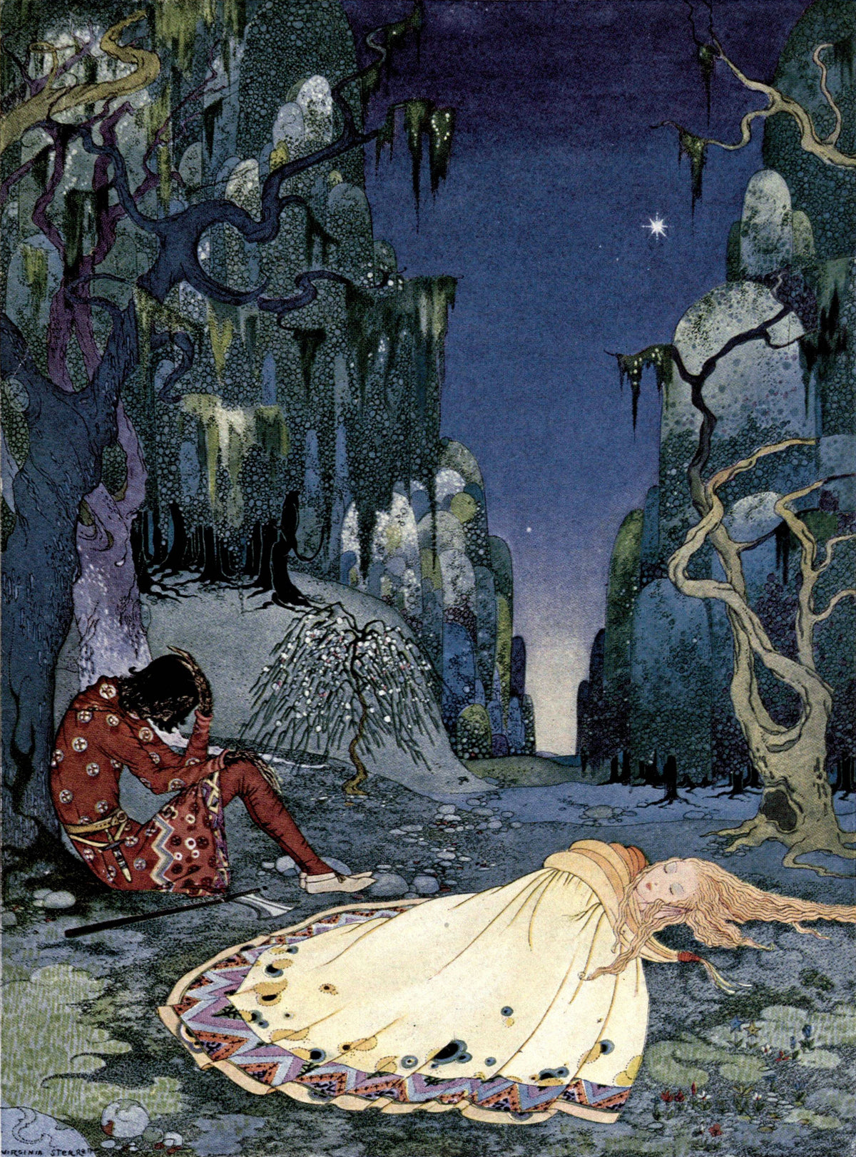 Virginia Frances Sterrett — Violette consented willingly to pass the night in the forest | Fairy Tale Illustration Print