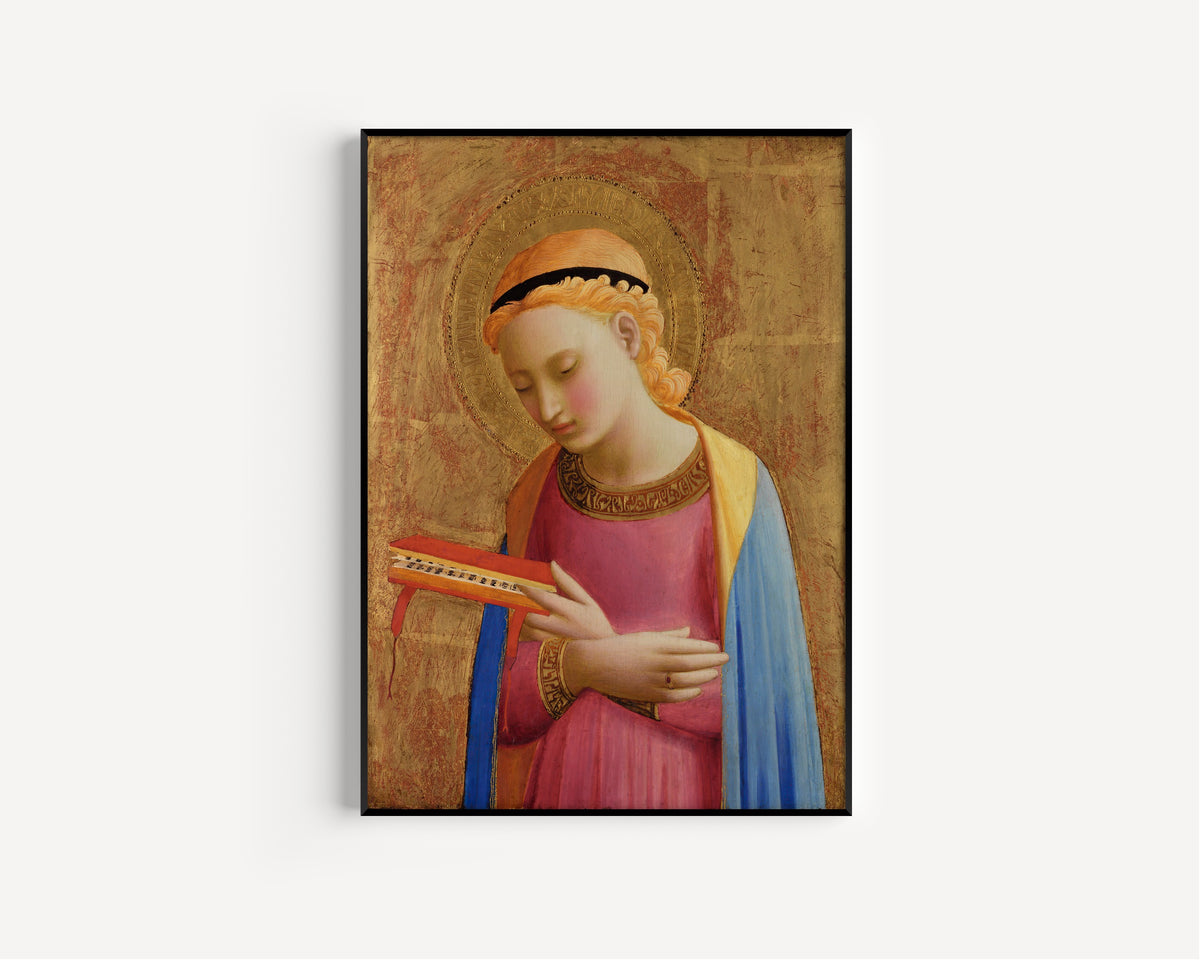 Framed art print of Virgin Annunciate by Fra Angelico, in a slim black frame on a plain white wall