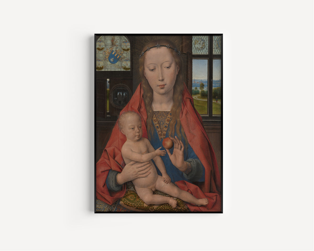 Framed art print of Virgin Mary with the Child Jesus by Hans Memling, in a slim black frame on a plain white wall