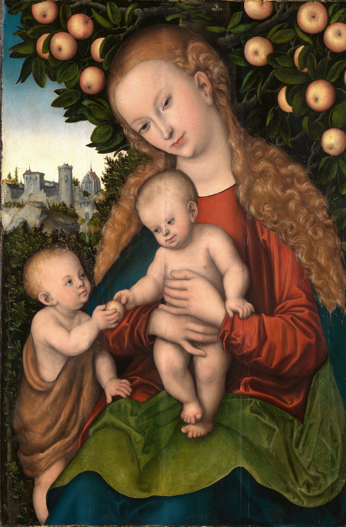 Virgin and Child with Saint John under an Apple Tree by Lucas Cranach the Elder — A golden-haired Virgin holds her child beneath a tree full of apples