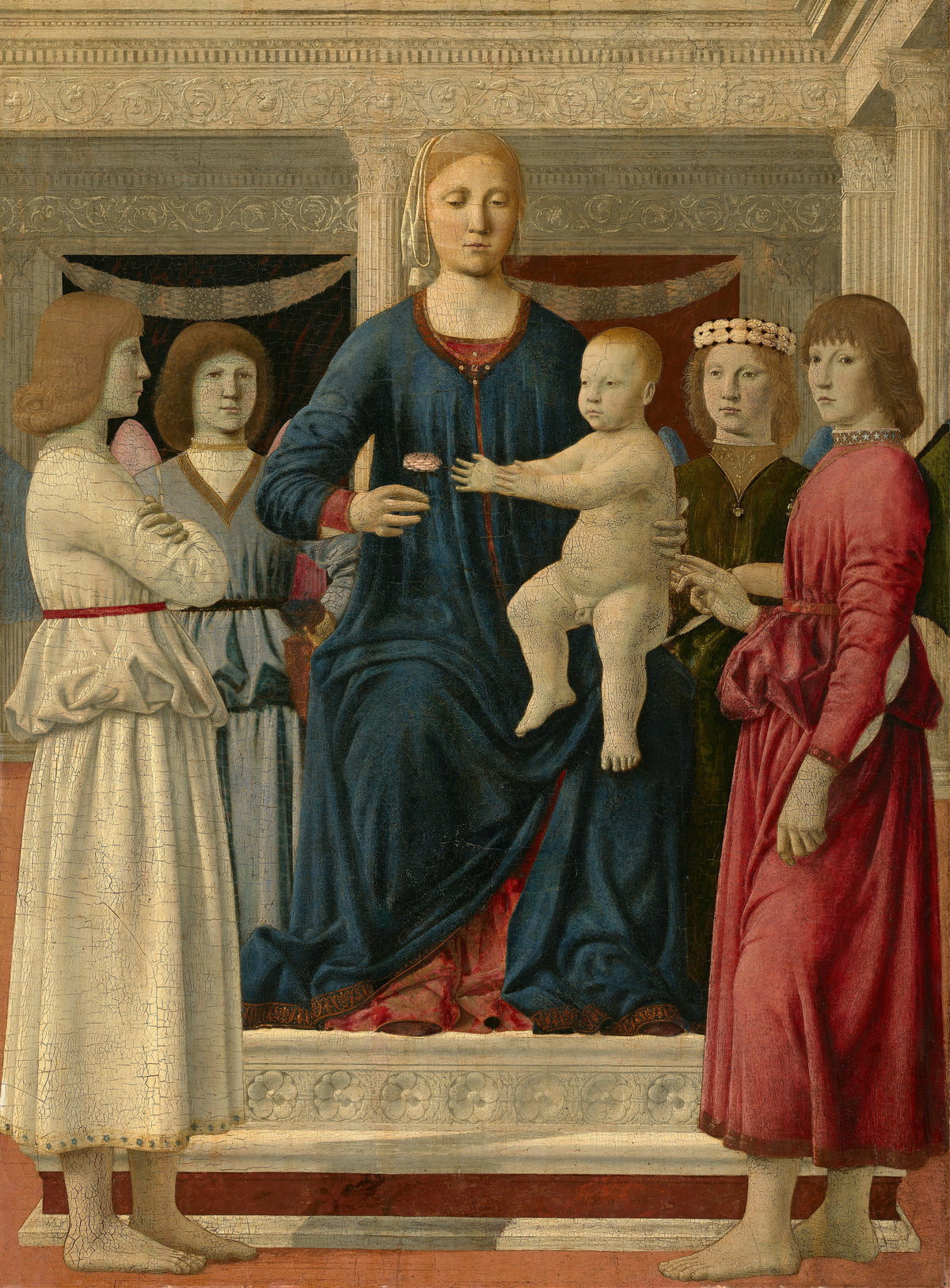 Virgin and child enthroned with four angels by Piero della Francesca — The Virgin enthroned in a classical loggia, flanked by four angels