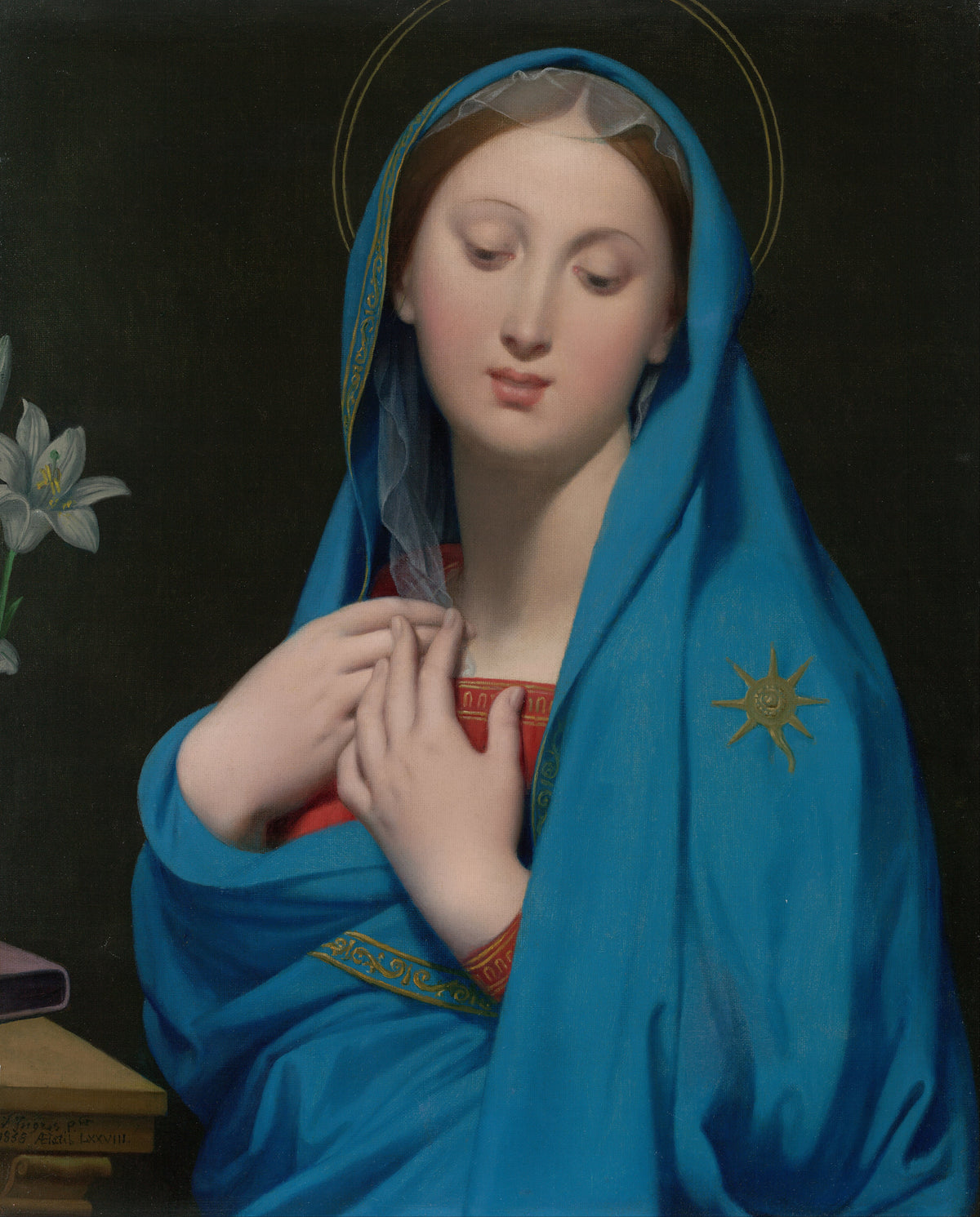 Virgin of the Adoption by Jean-Auguste-Dominique Ingres — The Virgin in a blue mantle lowers her eyes beside a white lily