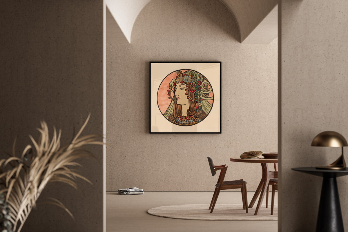Framed art print of Vitrail pour la façade de la boutique Fouquet (jewelled headdress) by Alphonse Mucha, in a sunlit dining corner
