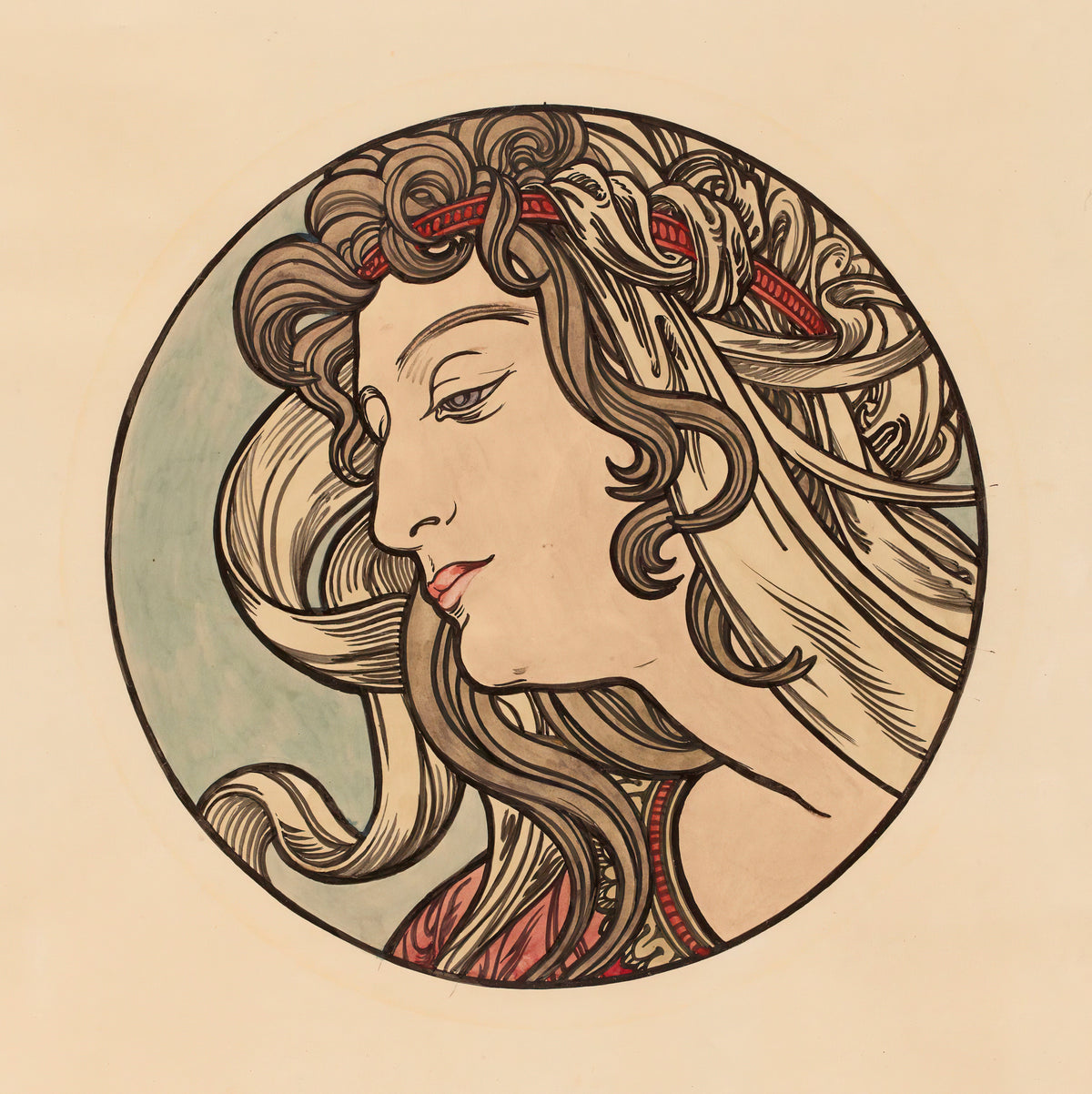 Vitrail pour la façade de la boutique Fouquet (red headband) by Alphonse Mucha — A woman in profile with a red headband and wind-blown hair