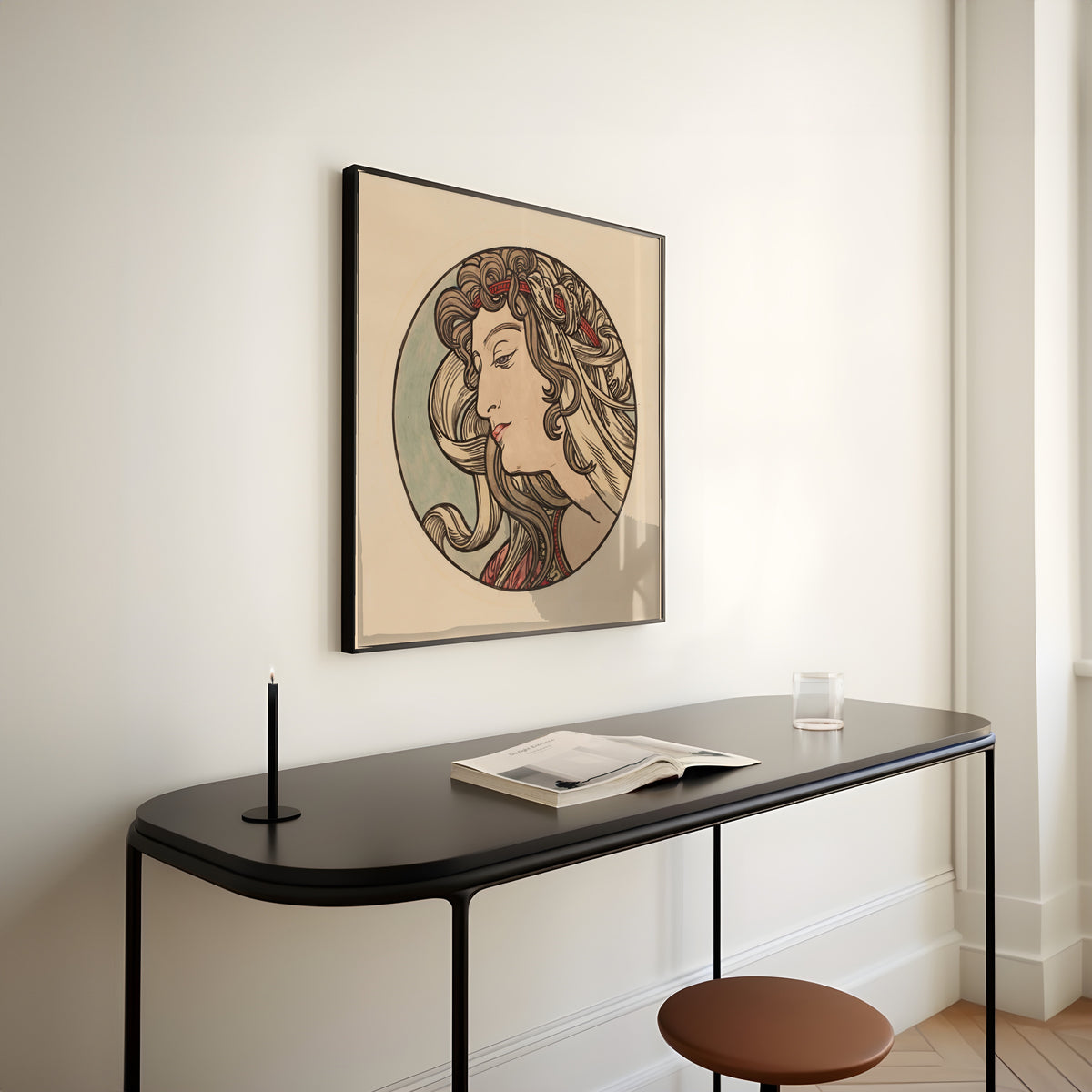 Framed art print of Vitrail pour la façade de la boutique Fouquet (red headband) by Alphonse Mucha, above a slim black console table