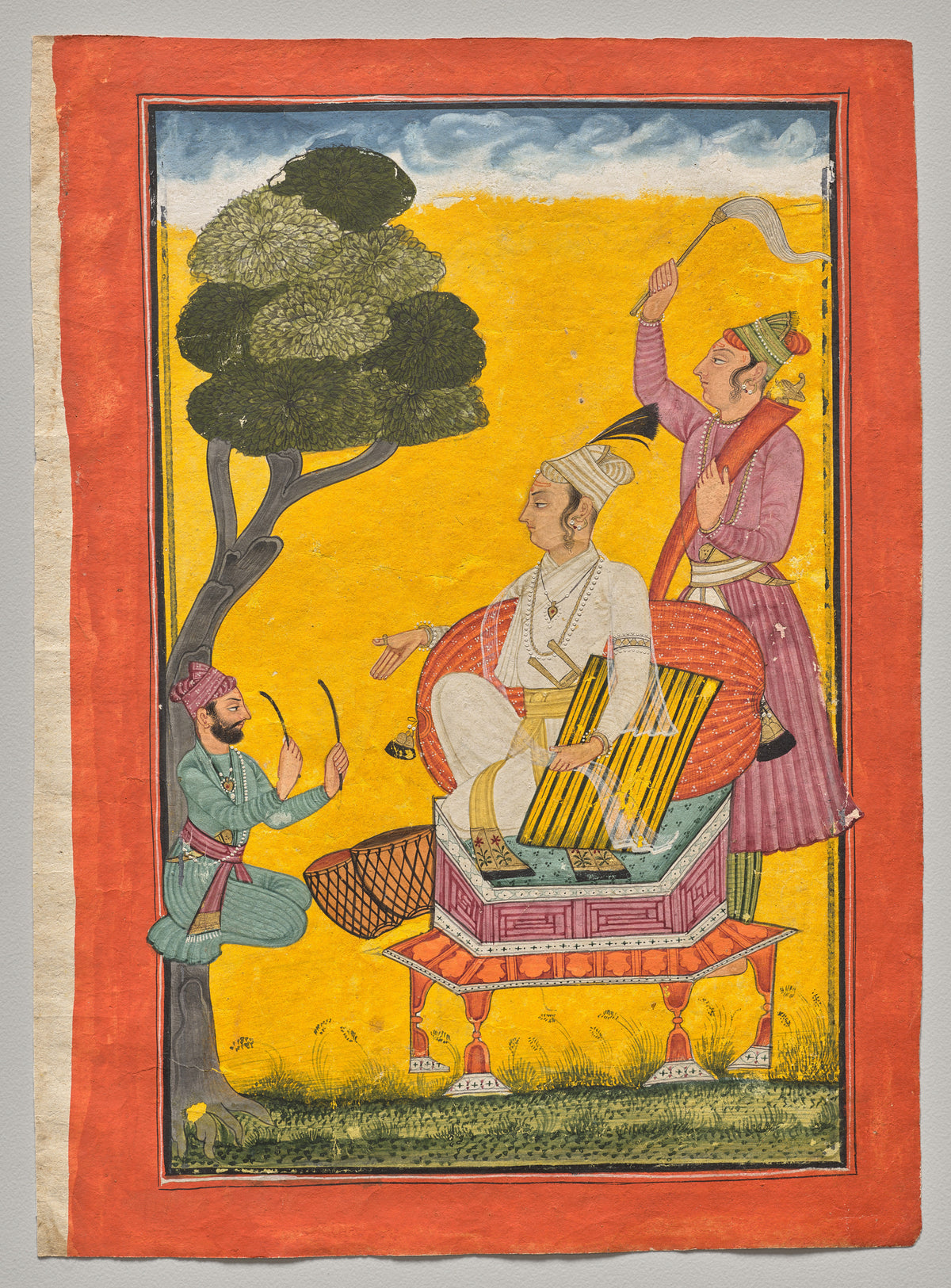 Vivacha Ragaputra, from a Ragamala by Pahari school — A prince on a hexagonal dais, with a fan-bearer and a drummer