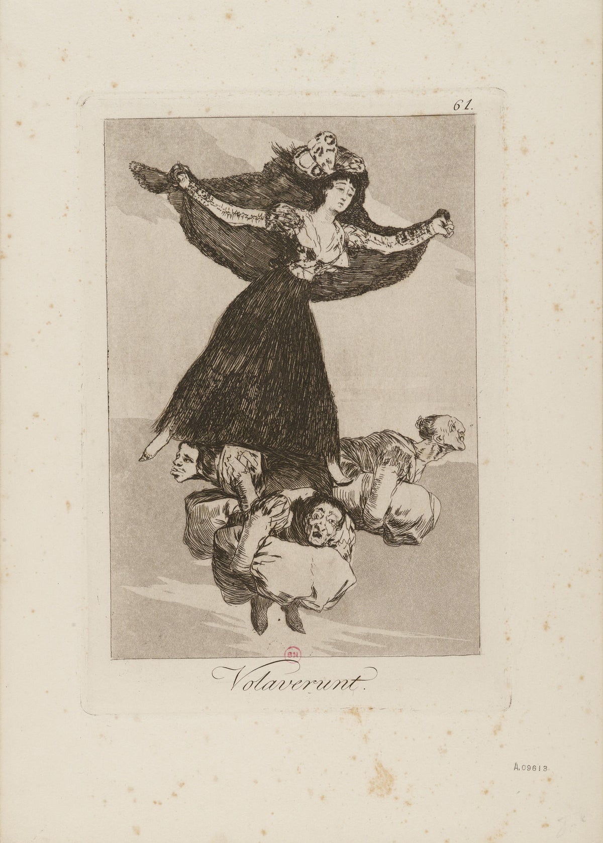 Volaverunt (They Have Flown), Los Caprichos, Plate 61 by Francisco de Goya — A young woman in a black skirt rides aloft on three crouching old men