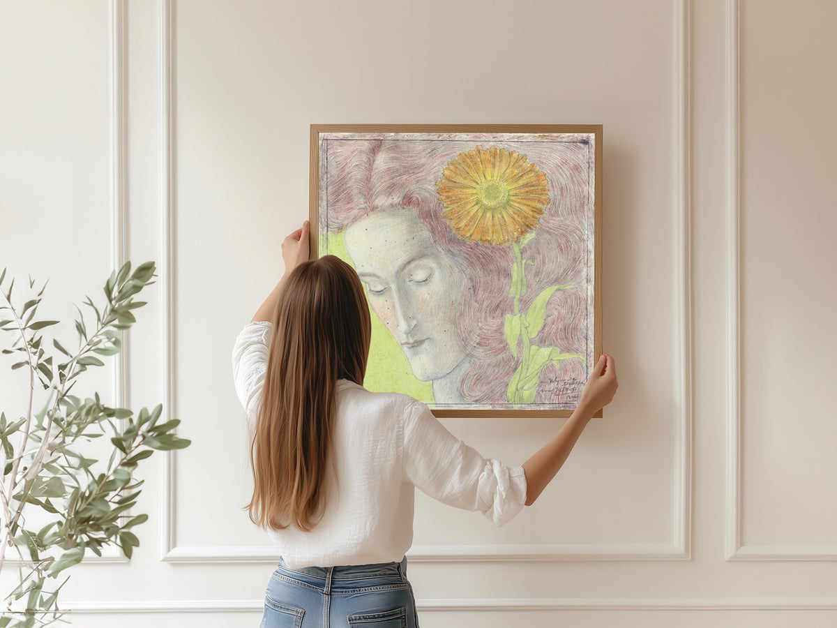 Framed art print of Vrouwenkop met rossig haar en Chrysant by Jan Toorop, hung on a panelled wall