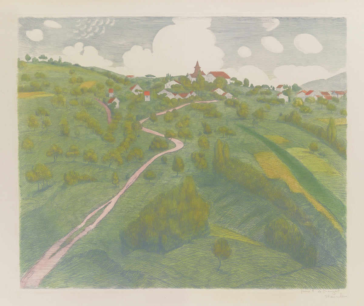 Vue de Belmont, près de Lausanne by Théophile Steinlen — A pink track winds up a green hillside to a village on the crest
