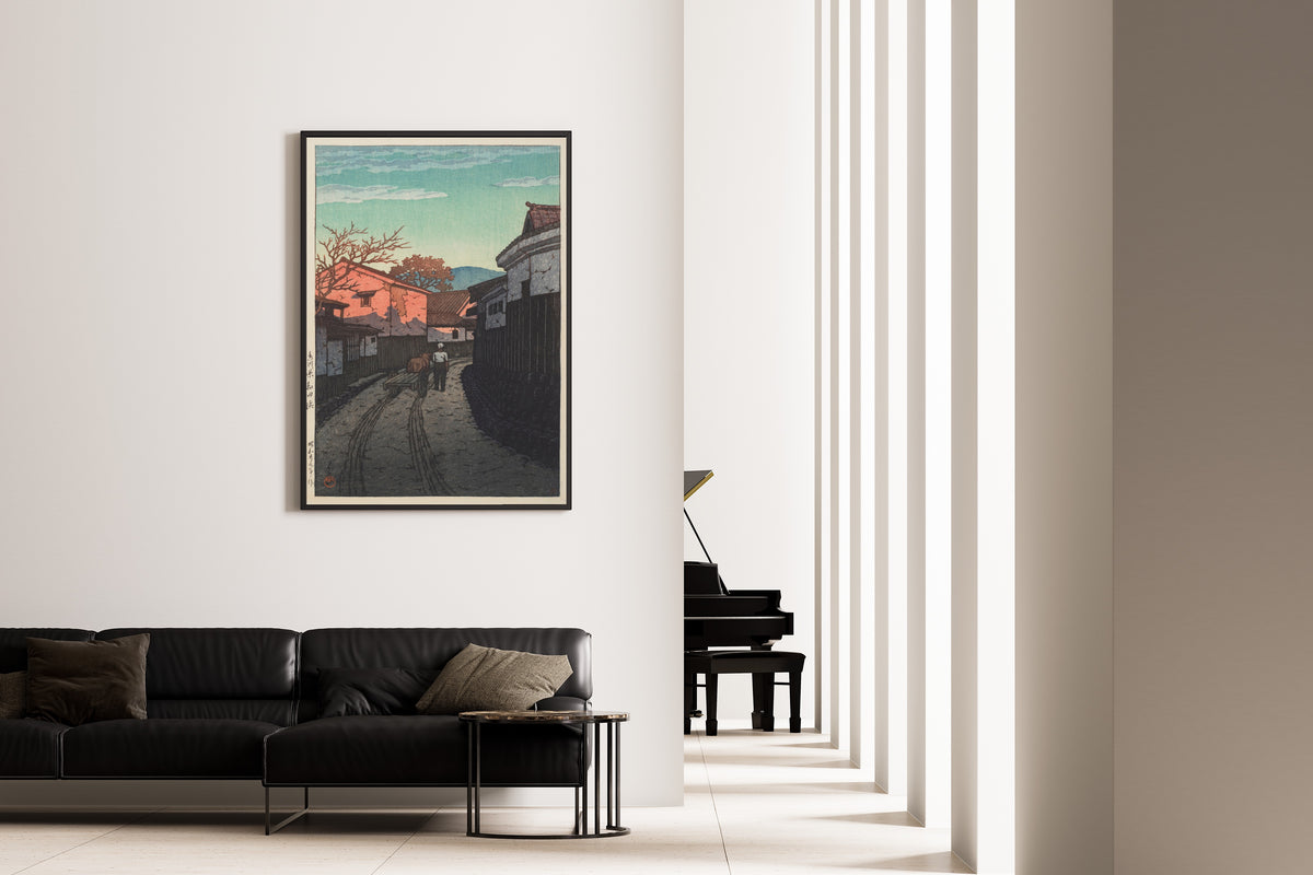 Framed art print of Wadahama in Kagawa Prefecture by Kawase Hasui, on the wall of a minimal living room