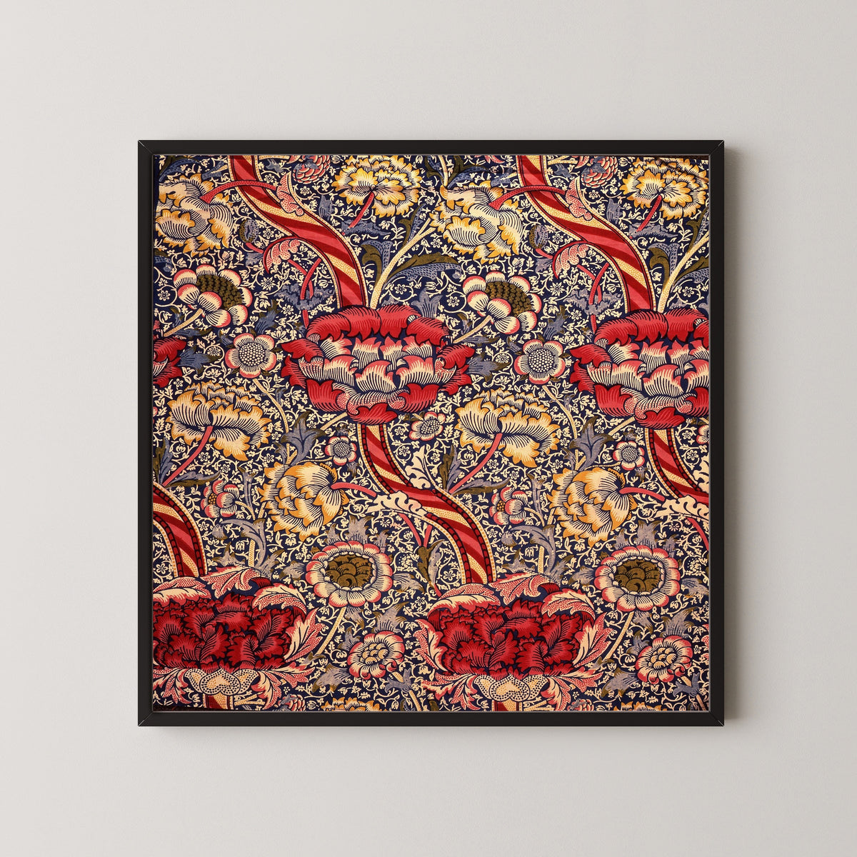 Framed art print of Wandle by William Morris, in a black frame on a pale wall