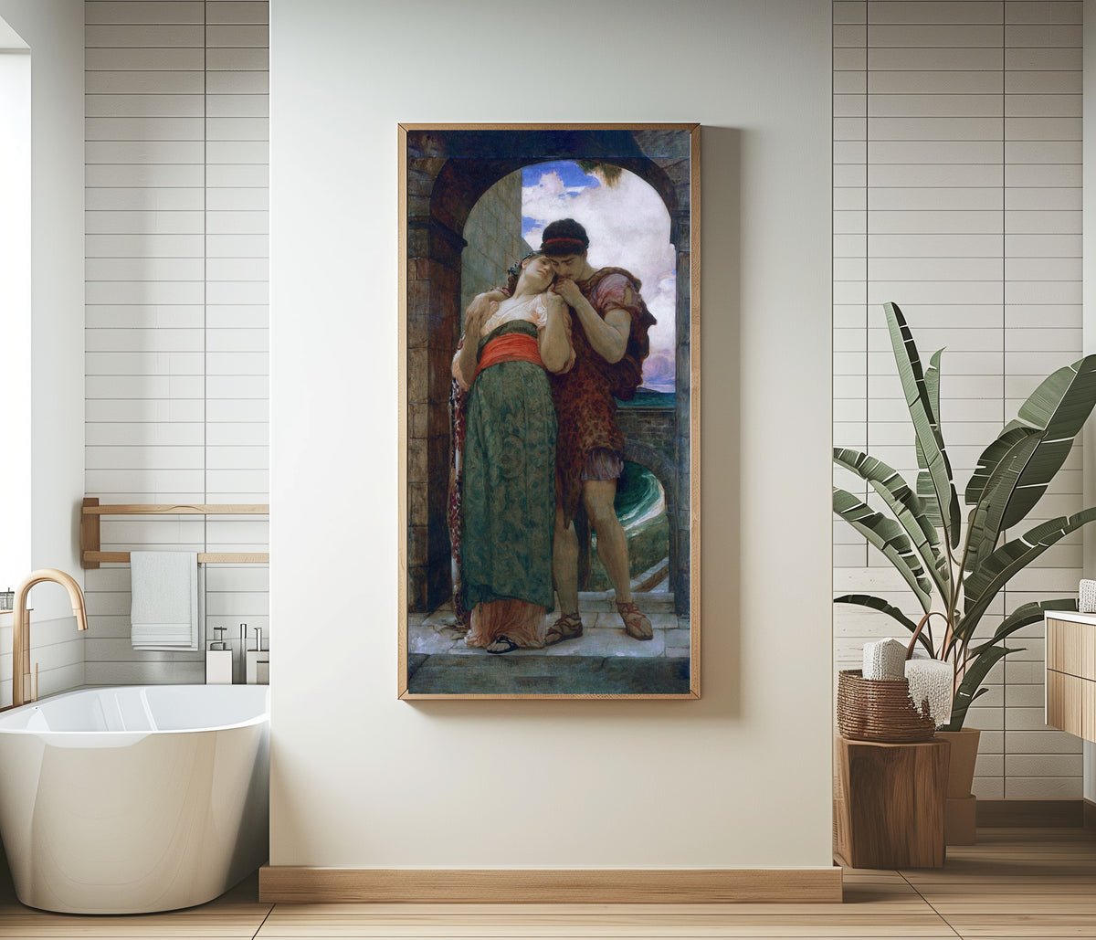 Framed art print of Wedded by Frederic Leighton, in a bathroom beside a freestanding tub
