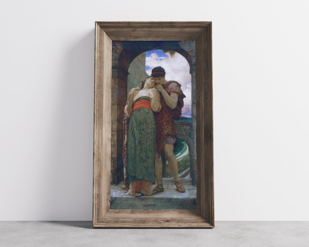 Framed art print of Wedded by Frederic Leighton, in a wide wooden frame leaning against a concrete wall